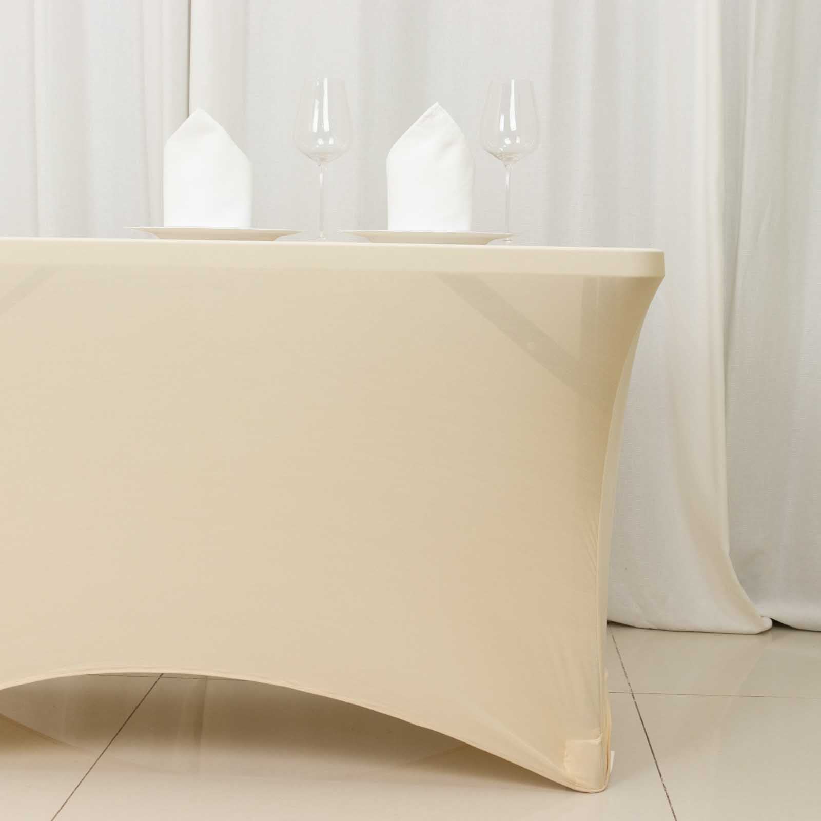 Stretch Spandex 48x30 Rectangle Tablecloth Beige - Durable Form-Fitting Table Cover