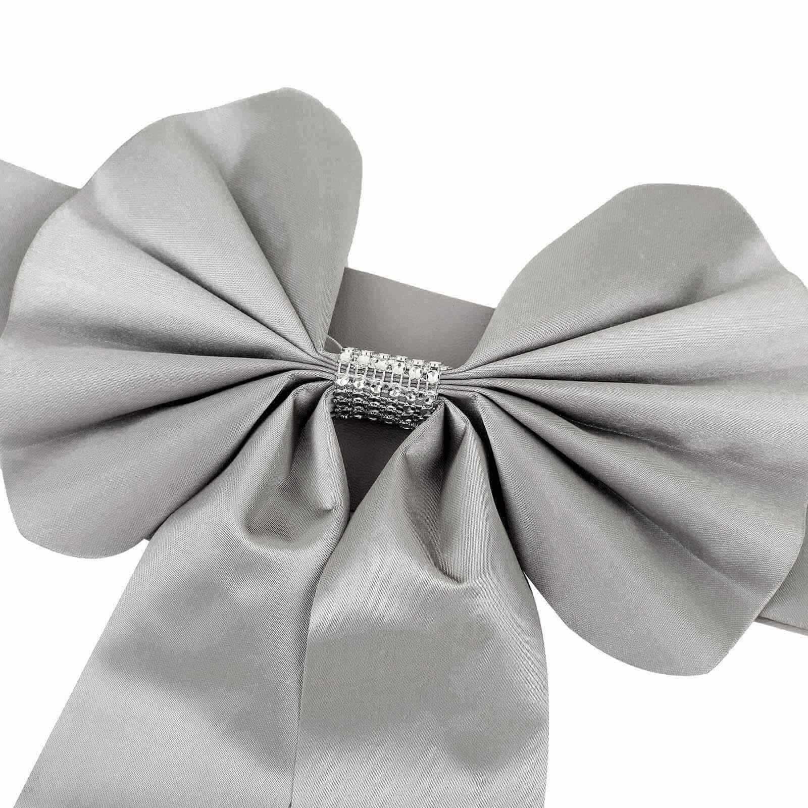 5 Pack Satin Faux Leather Chair Sashes Silver - Durable Double Sided Pre-tied Bow Tie Chair Bands with Diamond Rhinestone Buckles