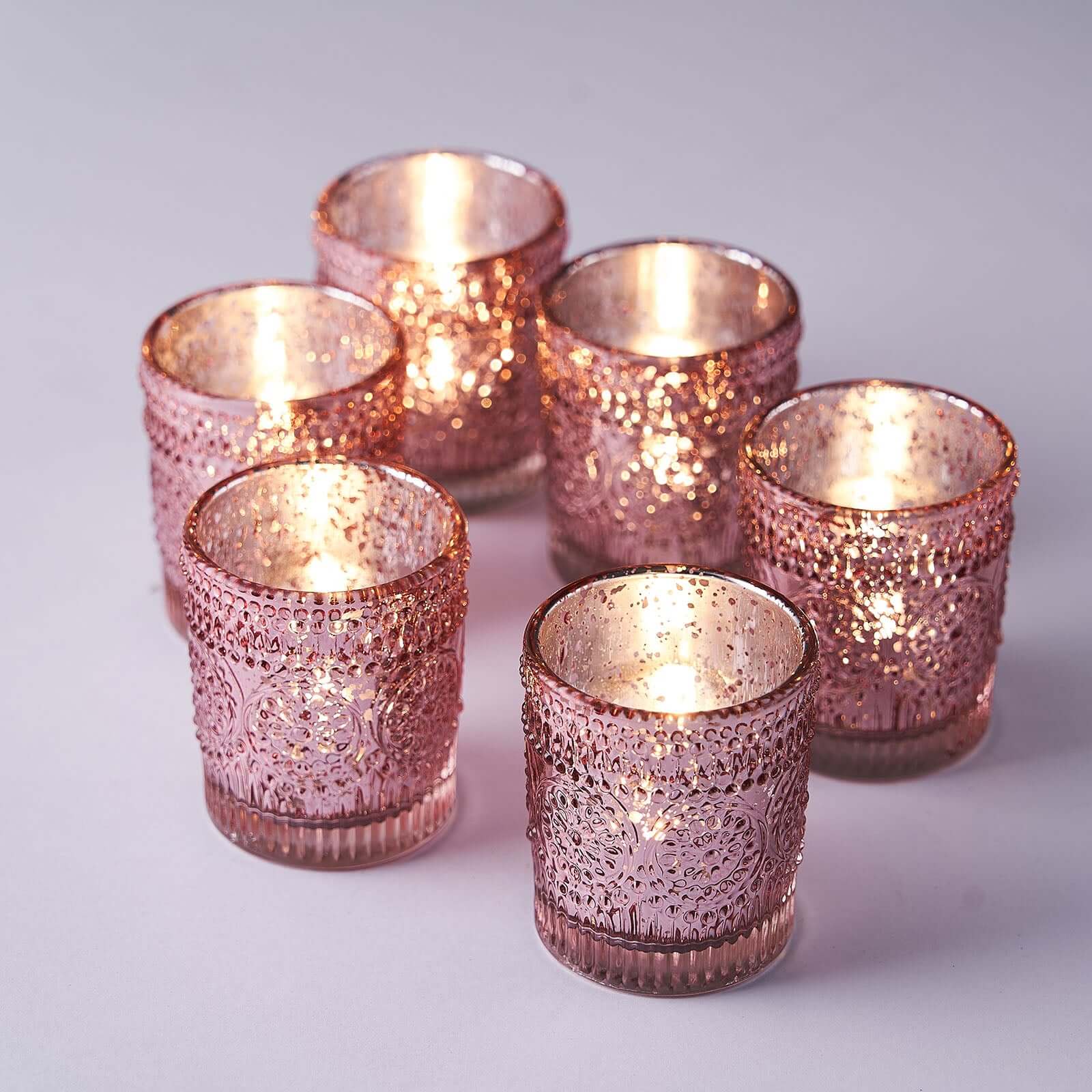 6-Pack Mercury Glass Candle Holders Rose Gold Primrose Design - Votive Tealight Holders for Weddings