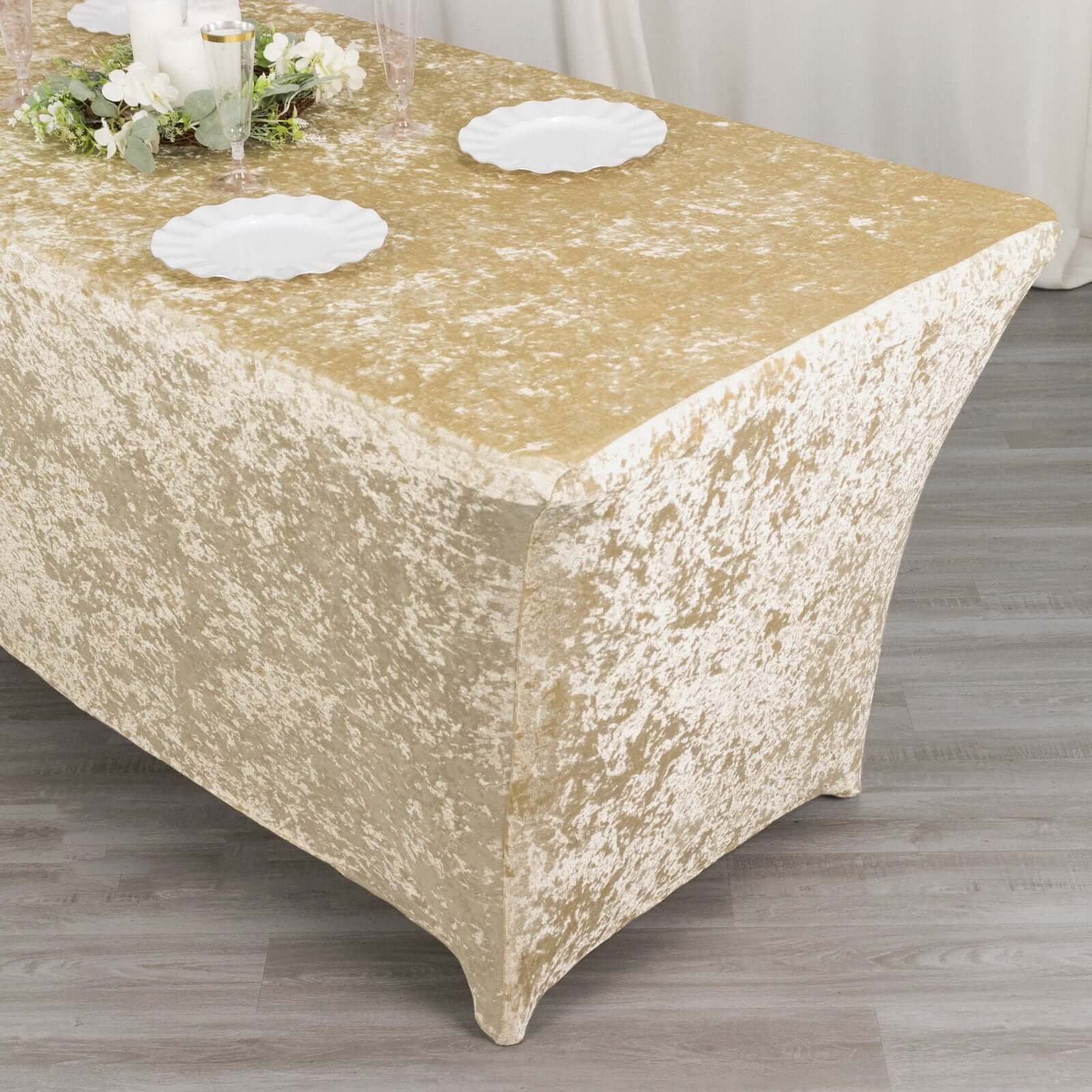 Crushed Velvet Fitted Rectangular 6ft Table Cover Beige - Wrinkle-Free Stretchy Tablecloth