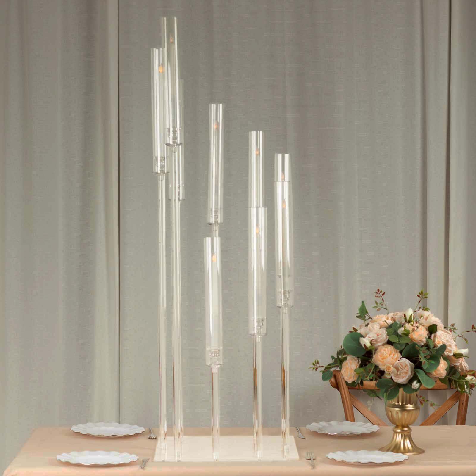 9-Arm Cluster Acrylic Candelabra Clear with Square Base - Sophisticated Taper Candle Holder Table Centerpiece for Pillar Candles 4ft