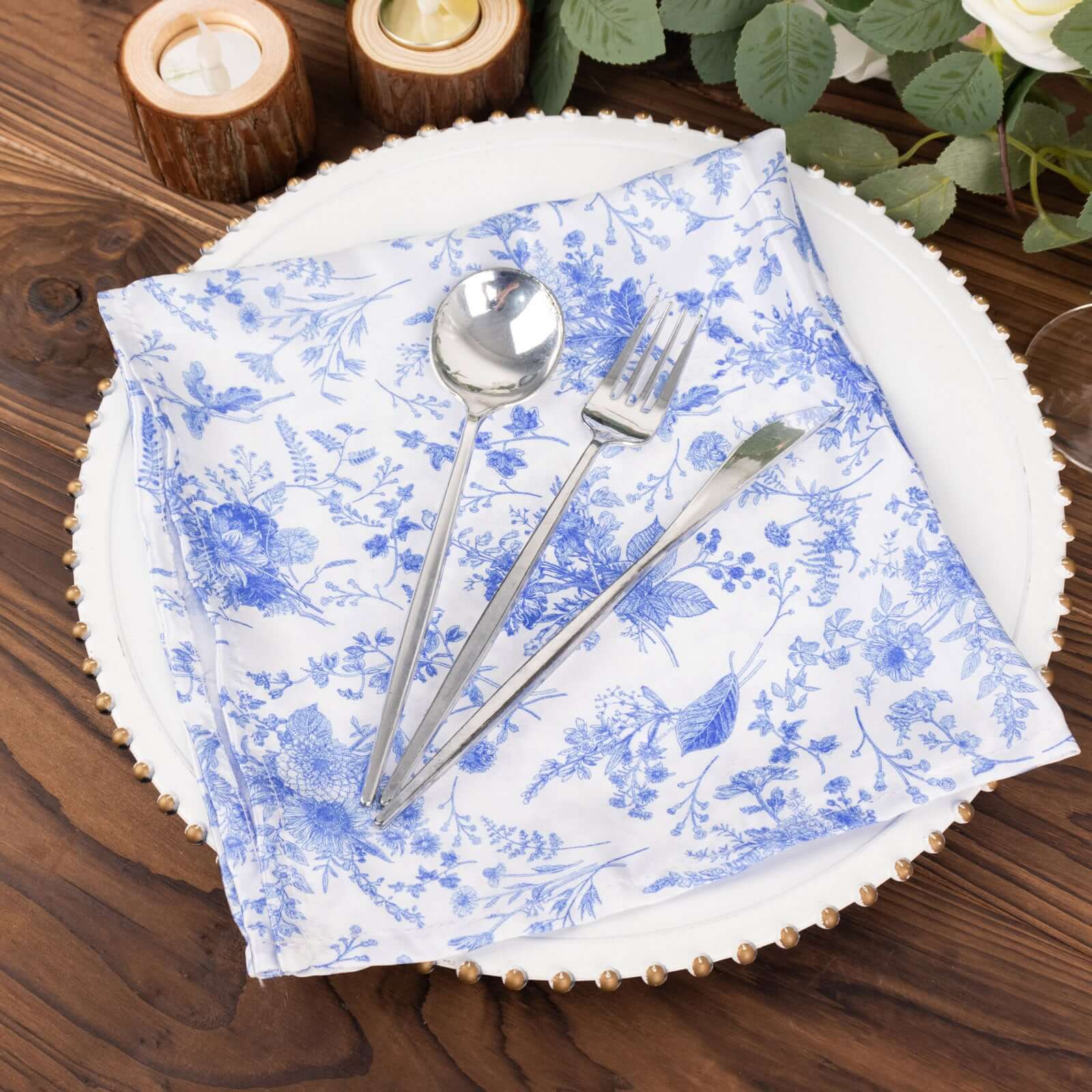 5 Pack Satin 20x20 Napkins White/Blue French Toile Pattern - Classy & Easy to Maintain Cloth Napkins for Weddings & Events