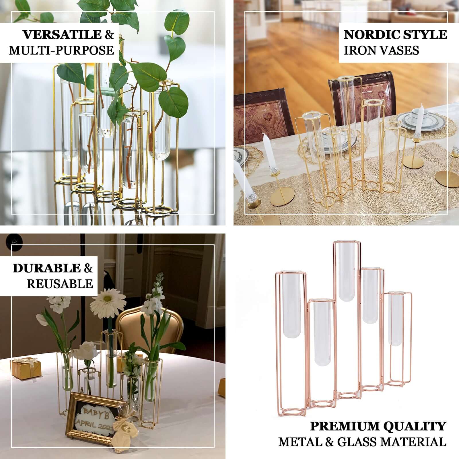 Set of 5 Wedding Centerpieces Gold Frame Conjoined Geometric Design - Test Tube Hydroponic Vases 12