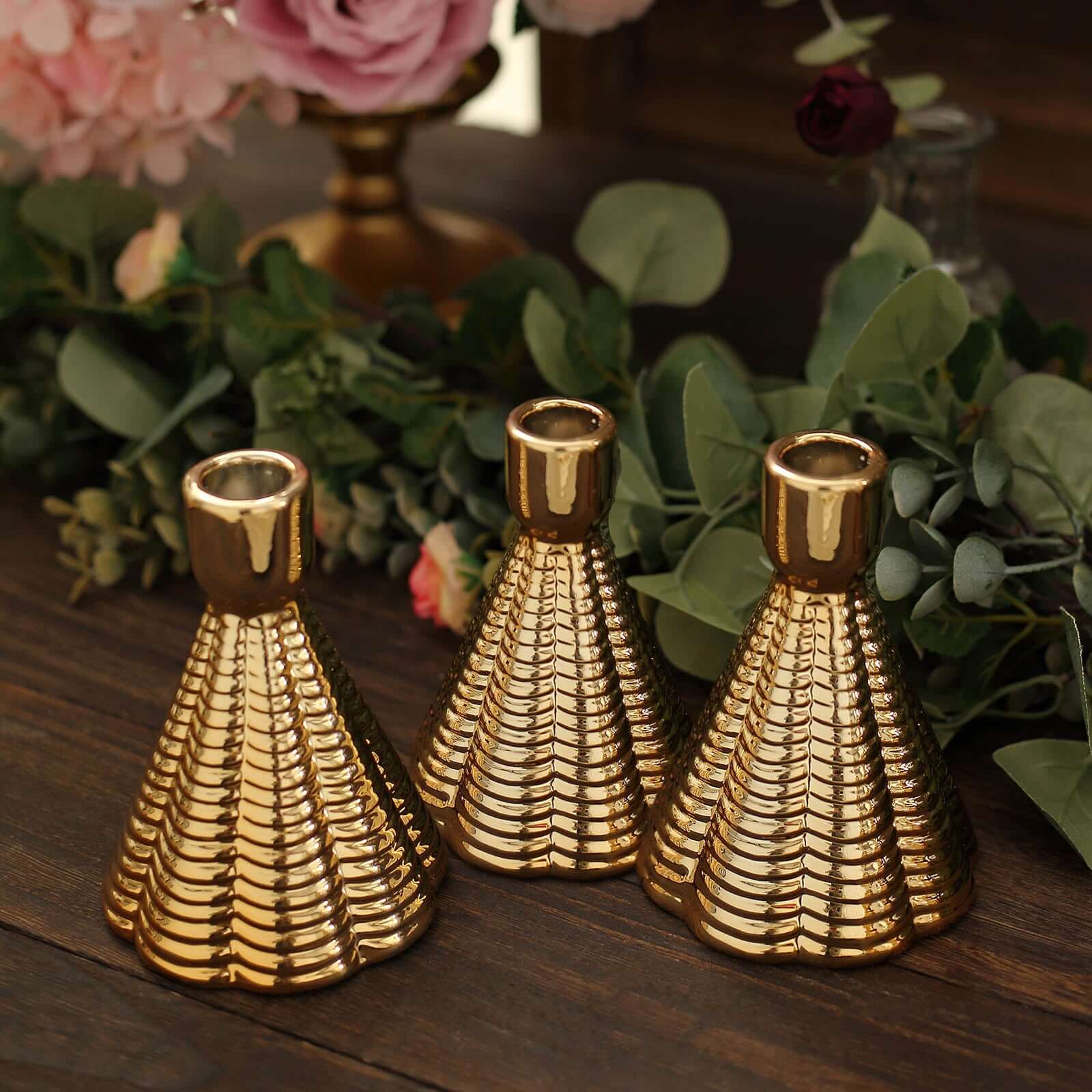 3-Pack Ceramic Taper Candle Holders Ribbed Cone Shaped Design Metallic Gold - Candlestick Stands for Decor 5