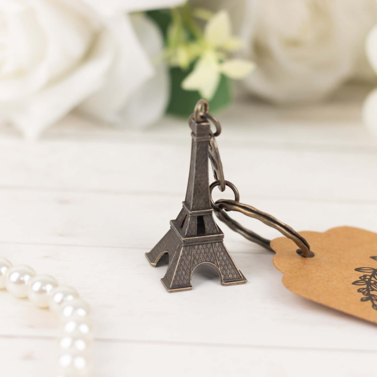 10 Pack Bronze Plastic Paris Eiffel Tower Keychain Wedding Favors, 4 Bridal Shower Party Souvenirs With Thank You Tag