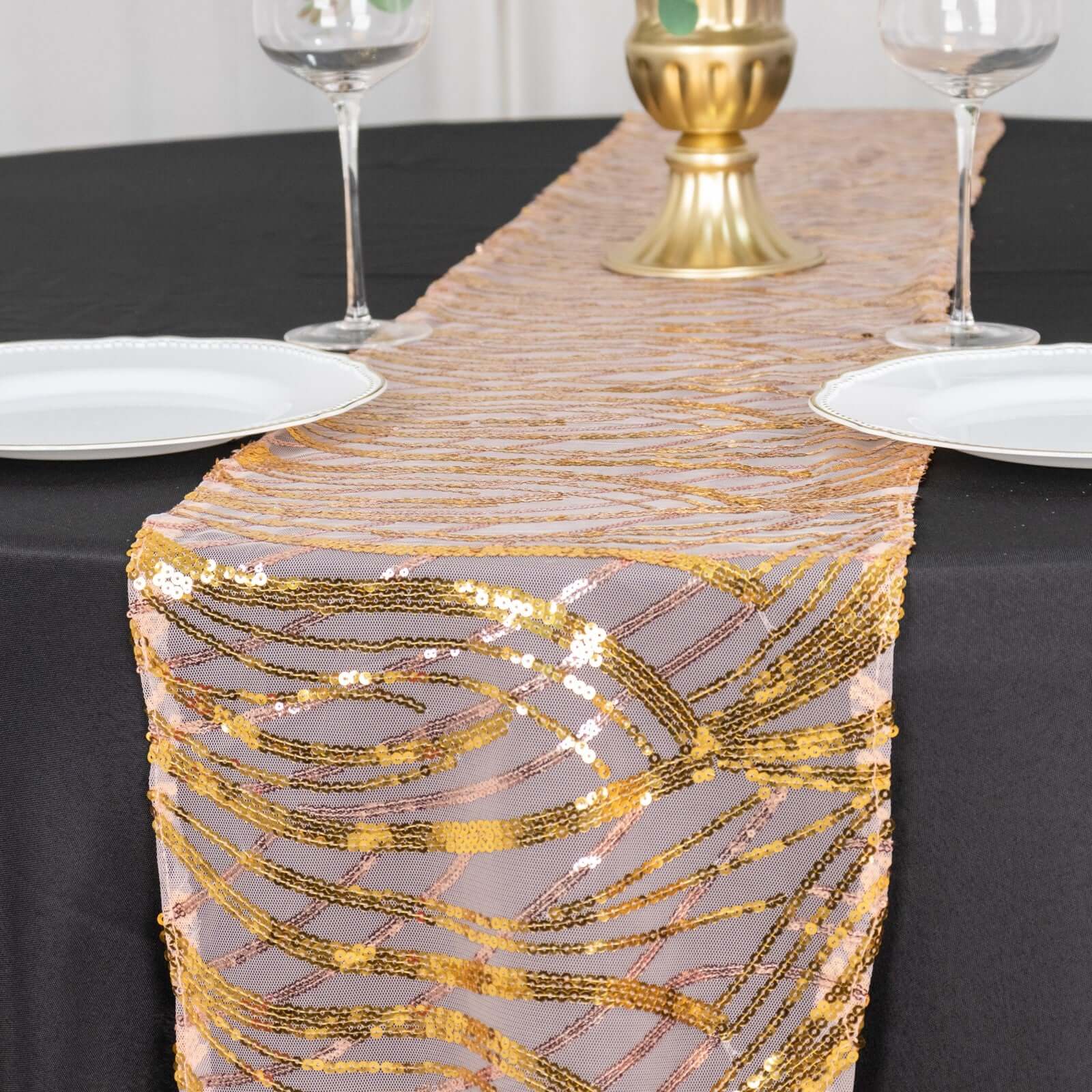 Sequin Mesh 12x108 Table Runner Rose Gold Stylish Wave Embroidery