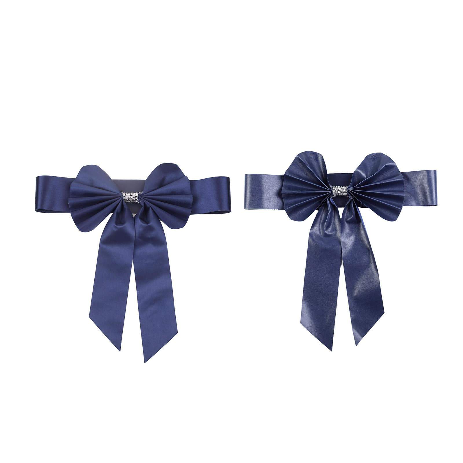 5 Pack Satin Faux Leather Chair Sashes Navy Blue - Durable Double Sided Pre-tied Bow Tie Chair Bands with Diamond Rhinestone Buckles