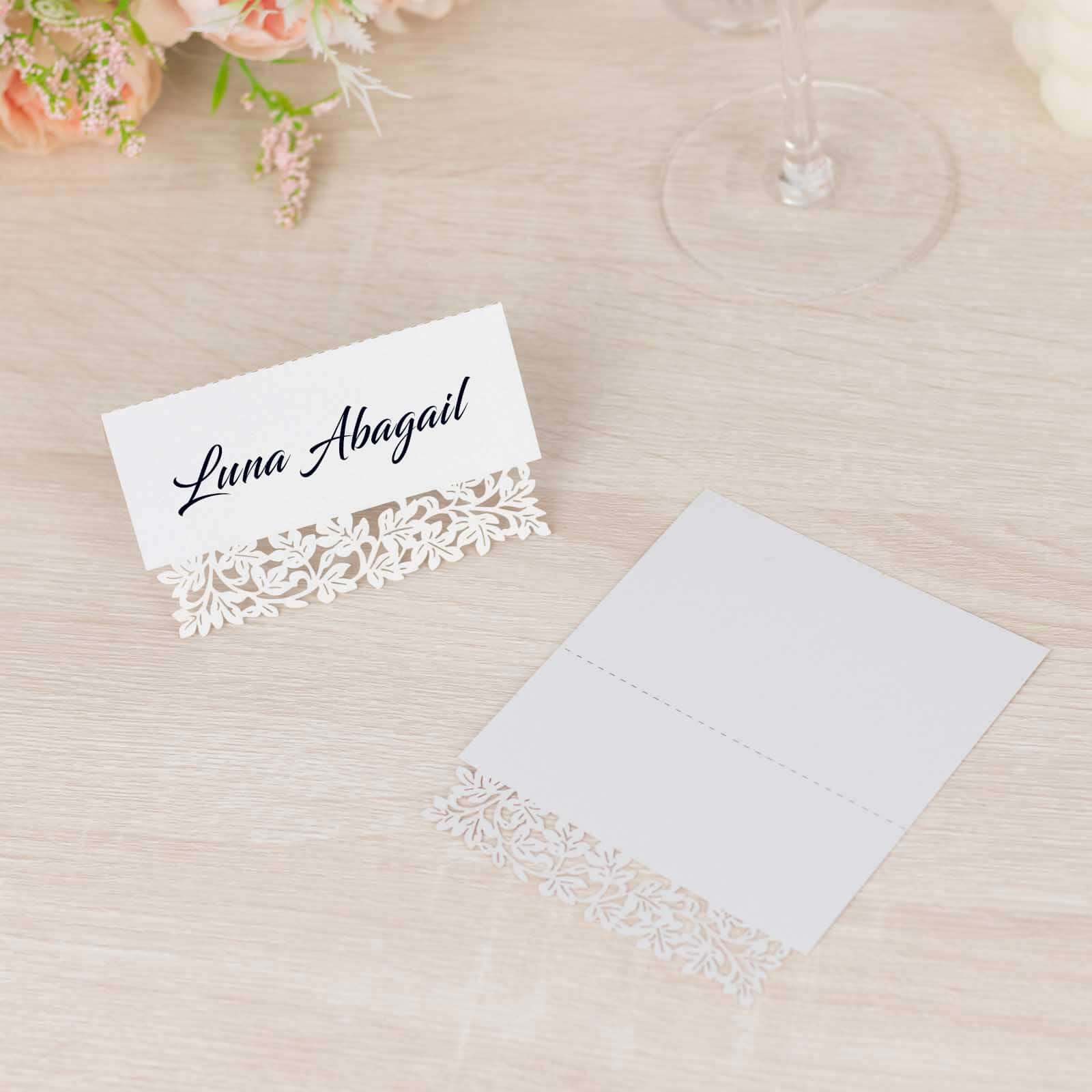 50-Pack Wedding Place Cards with Laser Cut Leaf Vine Design White - Printable Reservation Seating Tent Cards 210 GSM