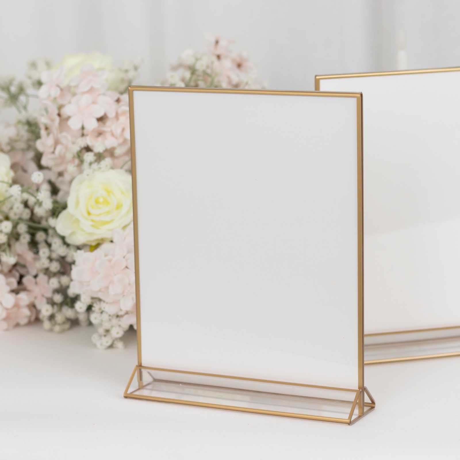 6-Pack Gold Acrylic Rectangular Frame Sign Holders Clear Double-Sided Display with White Cardboard - Suitable for Banquets 9x11