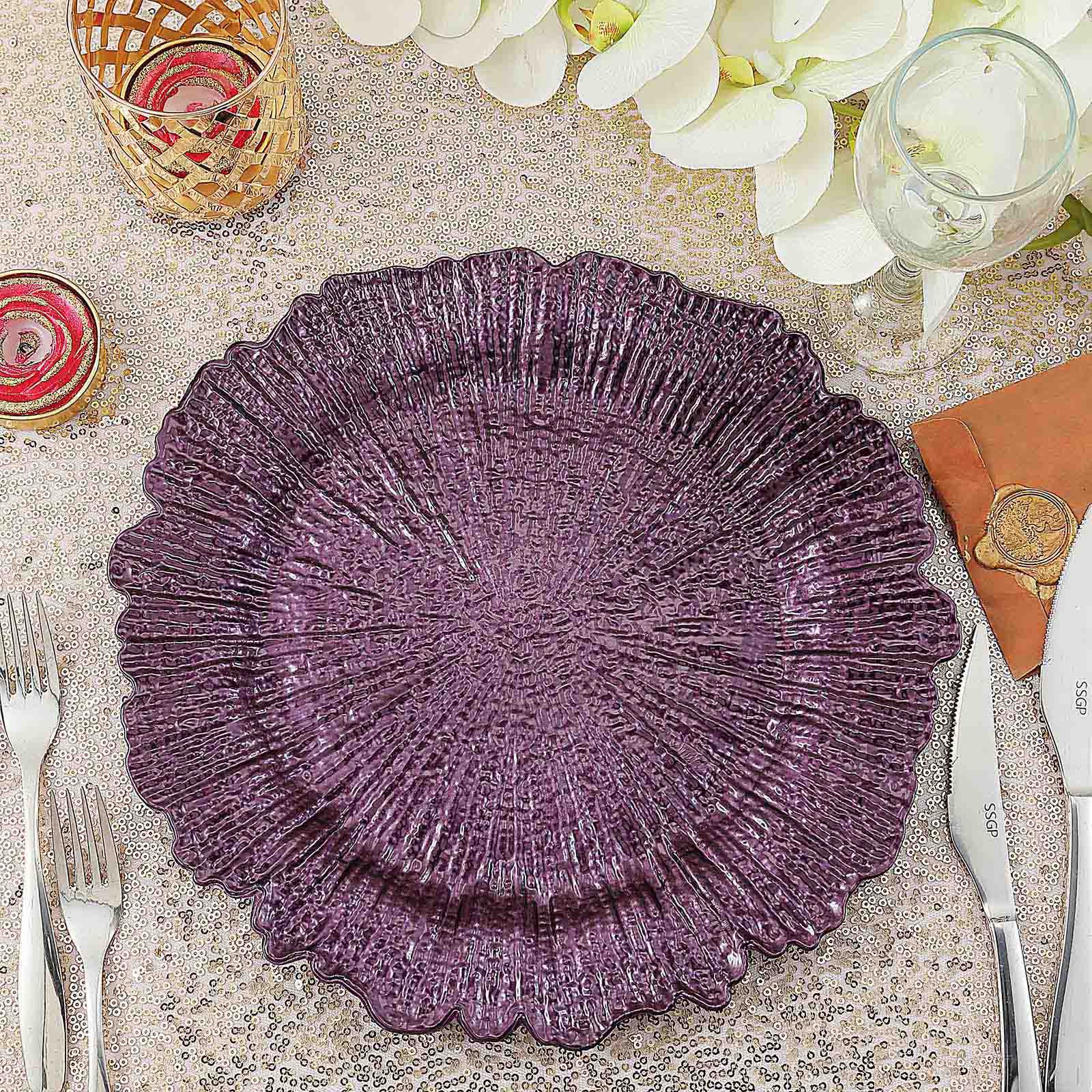 6-Pack Acrylic Plastic Round Charger Plates 13 in Purple with Reef Design, Dinner Charger Tableware