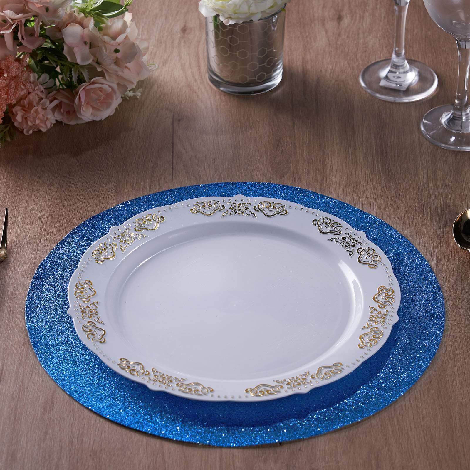 6-Pack Placemats Glitter Design Royal Blue Sparkle Round - Non-Slip Decorative Dining Table Mats 13