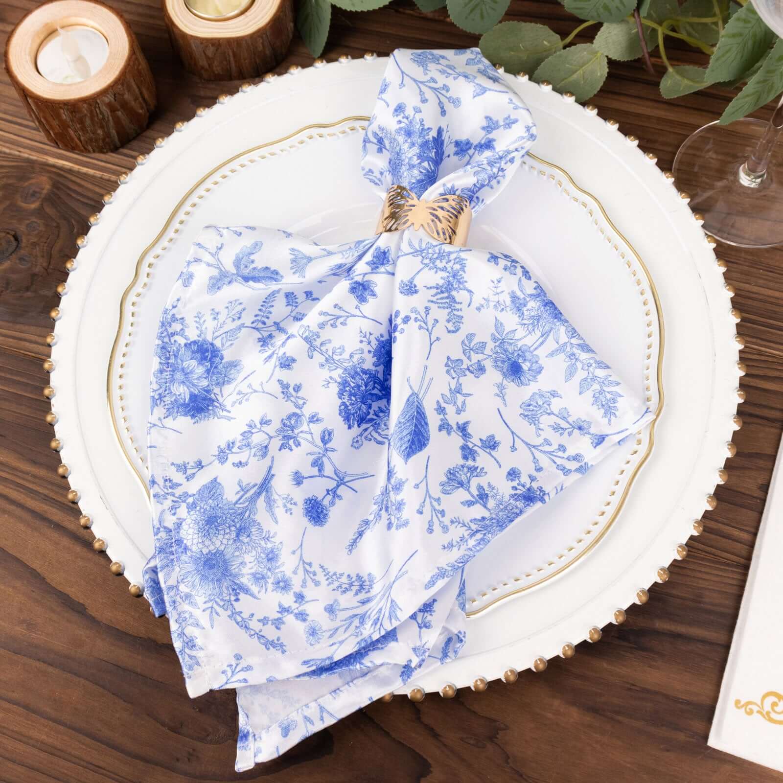 5 Pack Satin 20x20 Napkins White/Blue French Toile Pattern - Classy & Easy to Maintain Cloth Napkins for Weddings & Events