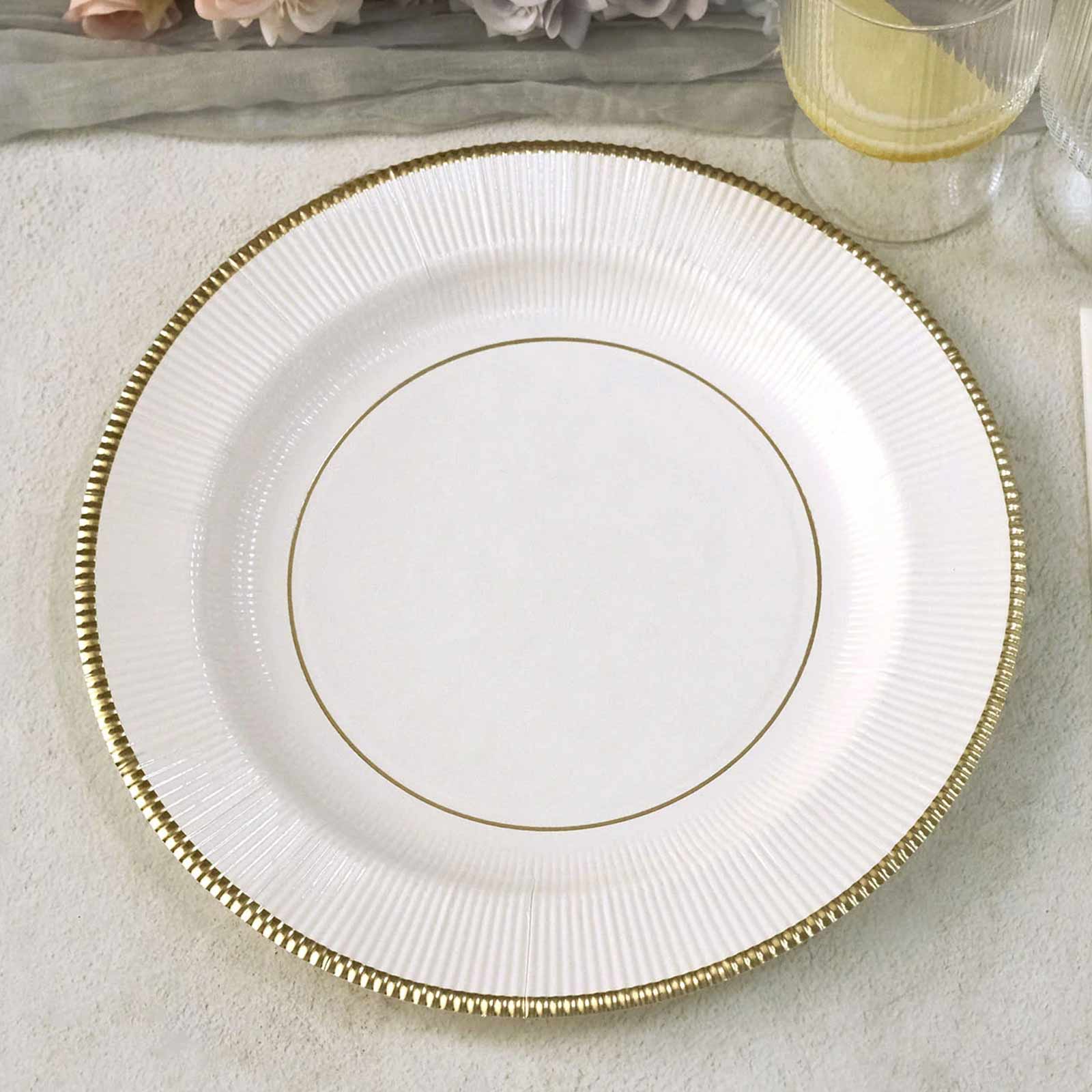 25-Pack Paper 10 Round Dinner Plates in White Sunray Design with Gold Rim - Disposable Heavy Duty 350GSM Party Plates