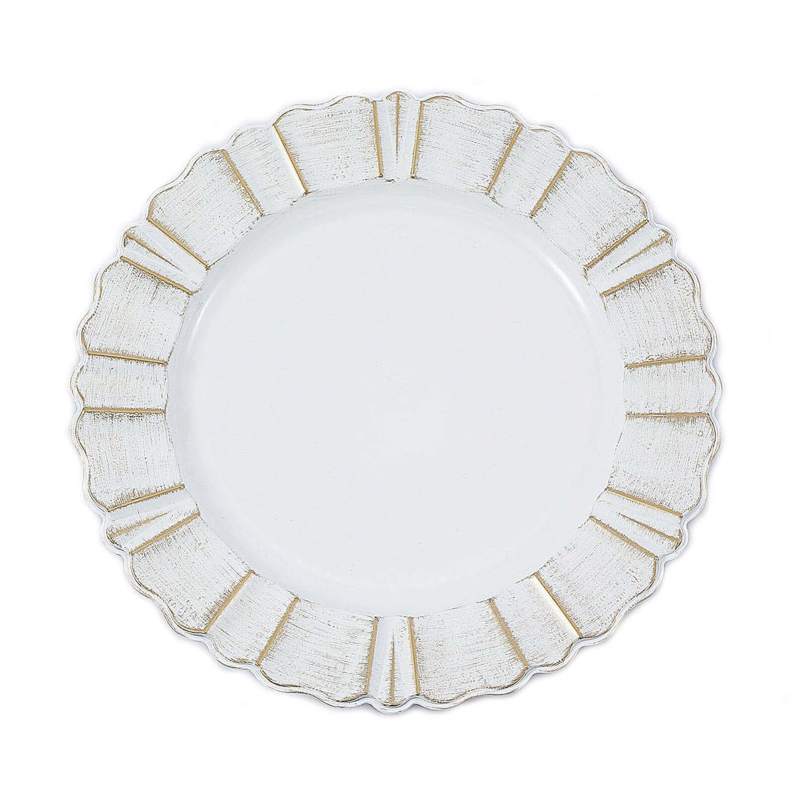 6-Pack Acrylic Plastic Round Charger Plates 13 in White with Gold Brushed Wavy Scalloped Rim, Decorative Dinner Party Charger Tableware