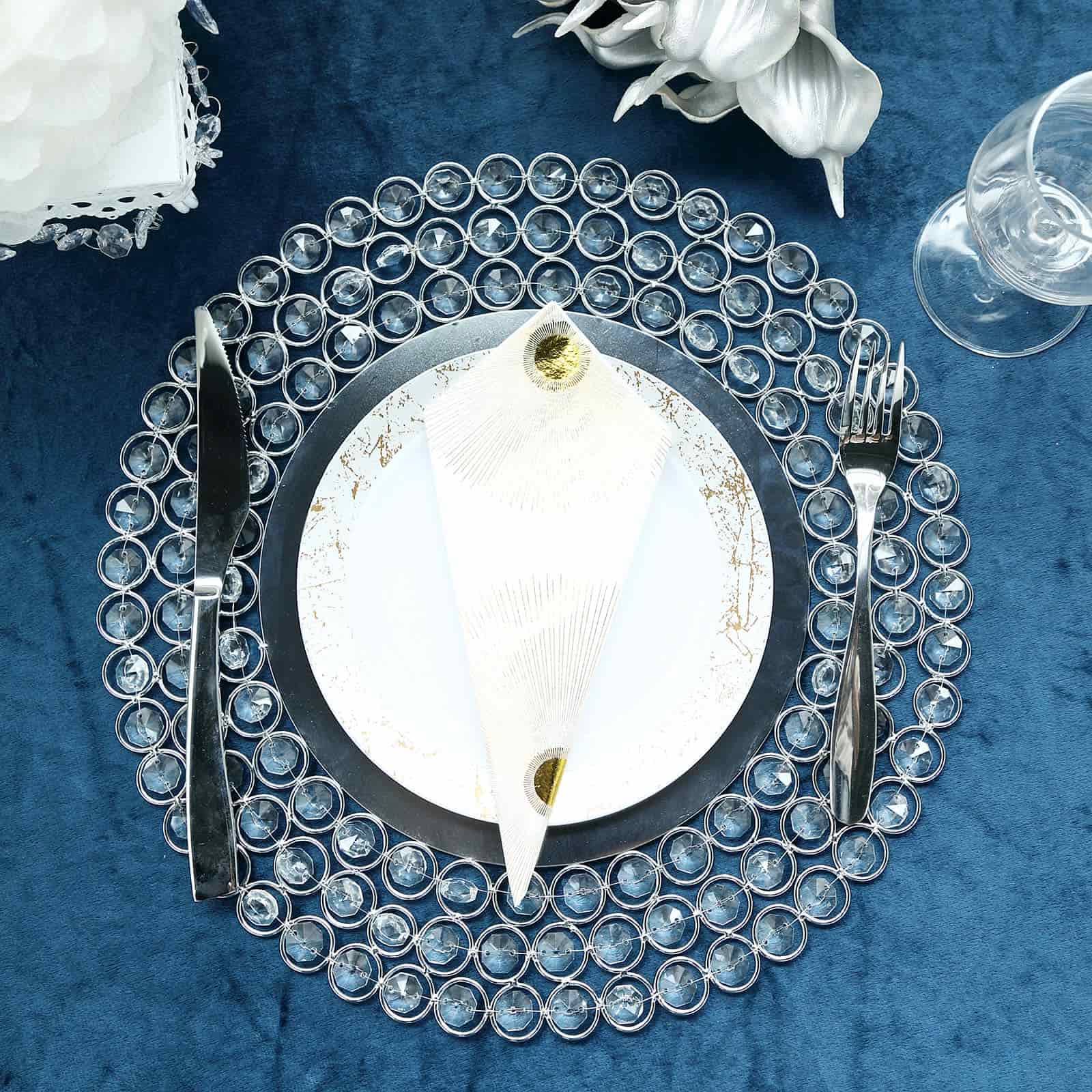 Wired Metal Round Charger Plate 14 in SIlver with Acrylic Crystal Beads, Glamorous Decorative Dinner Charger Tableware