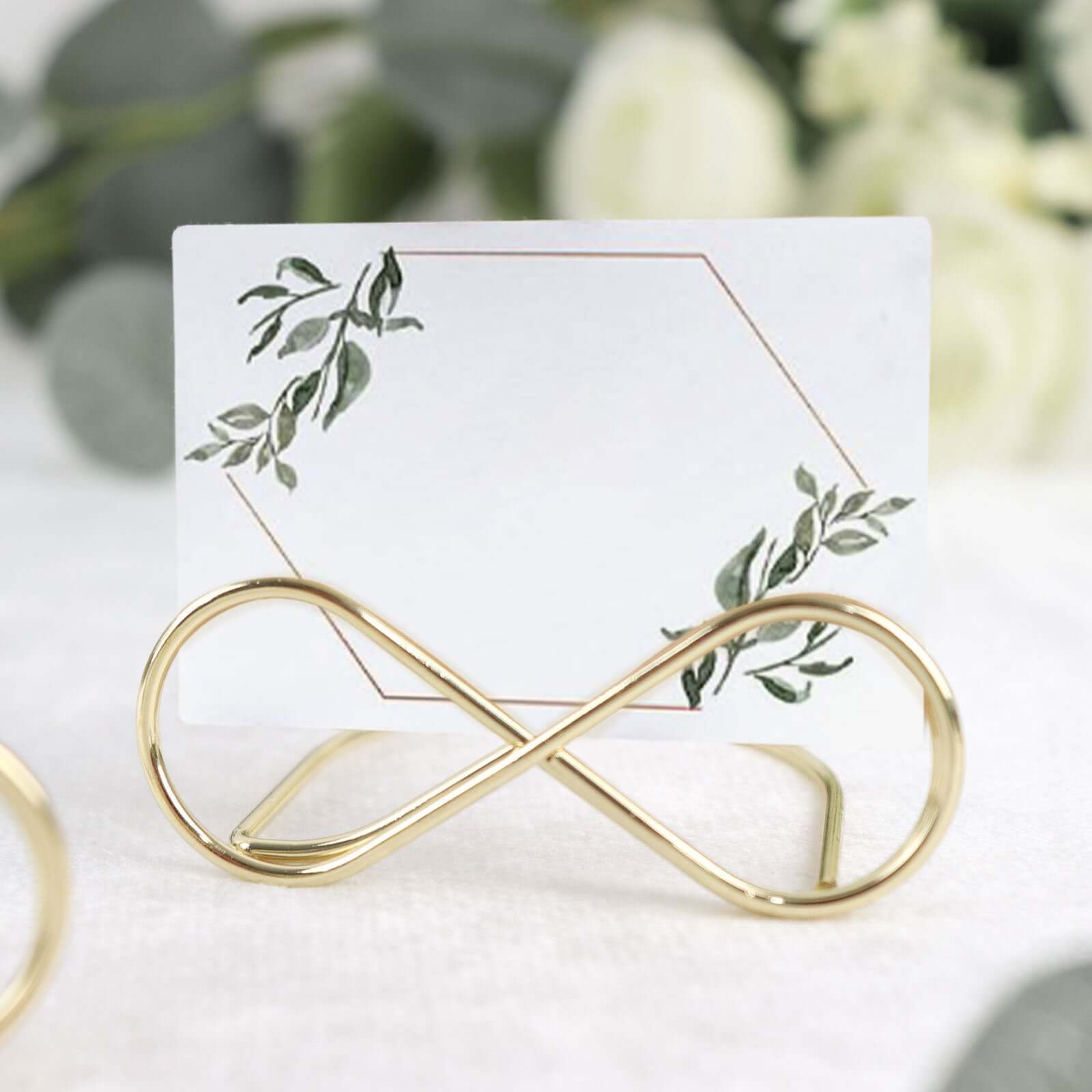 10-Pack Metal Card Holder Stands Infinity Design Gold - Table Number Stands and Wedding Place Card Menu Clips 3