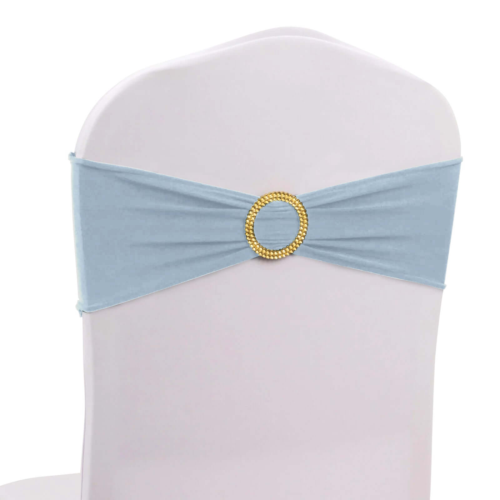 5 Pack Spandex Chair Sashes Dusty Blue with Gold Rhinestone Buckles - Reusable Four-Way Stretch Sash Bands 5x14