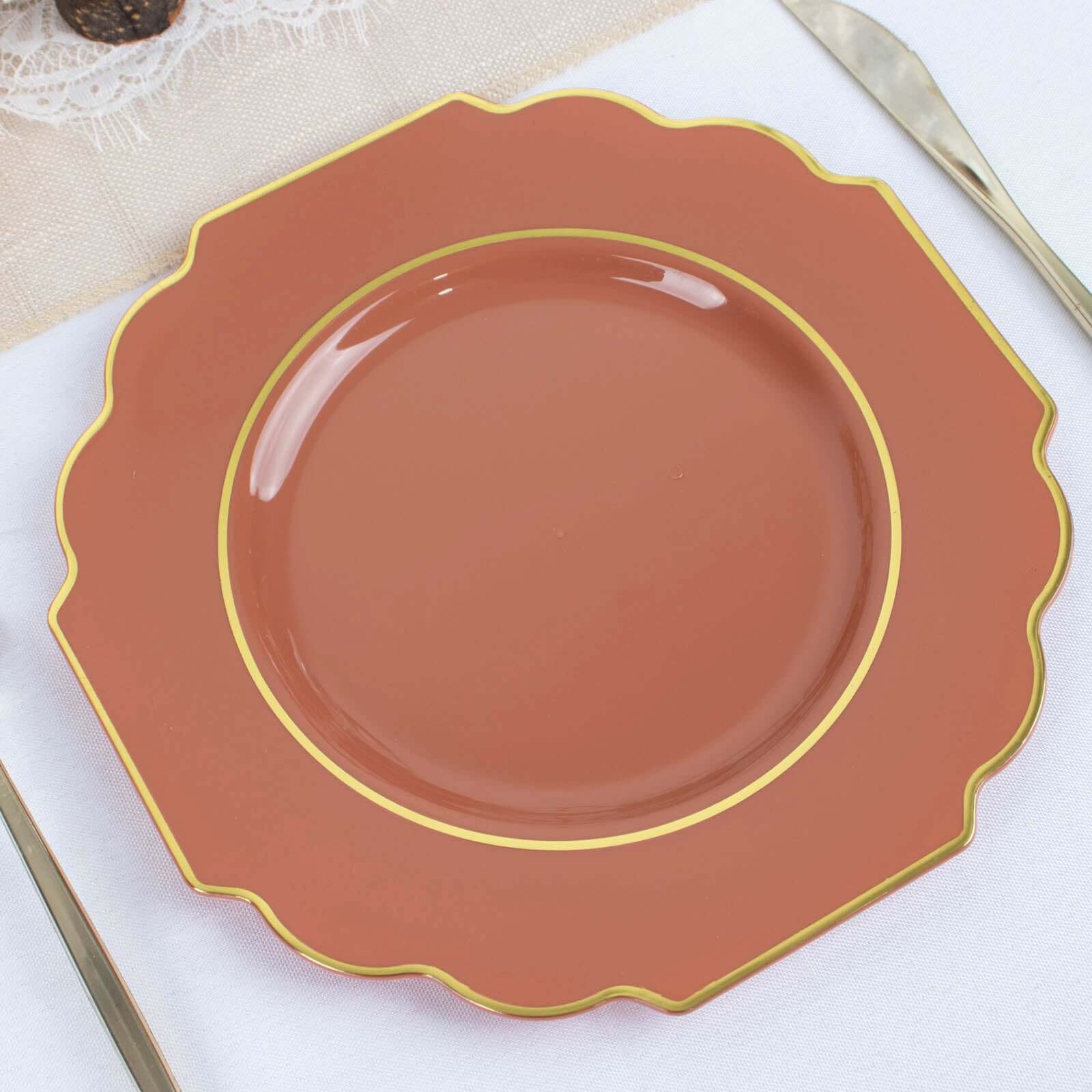 10-Pack Plastic Dessert Appetizer Plates in Terracotta (Rust) Baroque Design with Scalloped Gold Rim - Heavy Duty Disposable Salad Plates 8