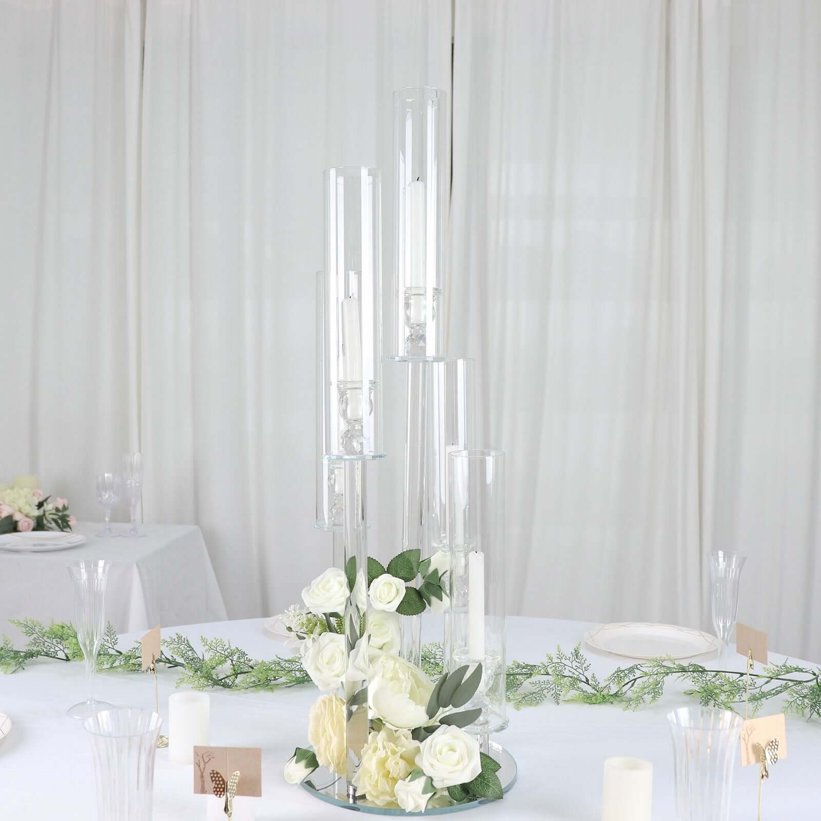 5-Arm Round Crystal Glass Candelabra Clear Taper Design - Chic Candle Holder Table Centerpiece for Weddings & Events 32