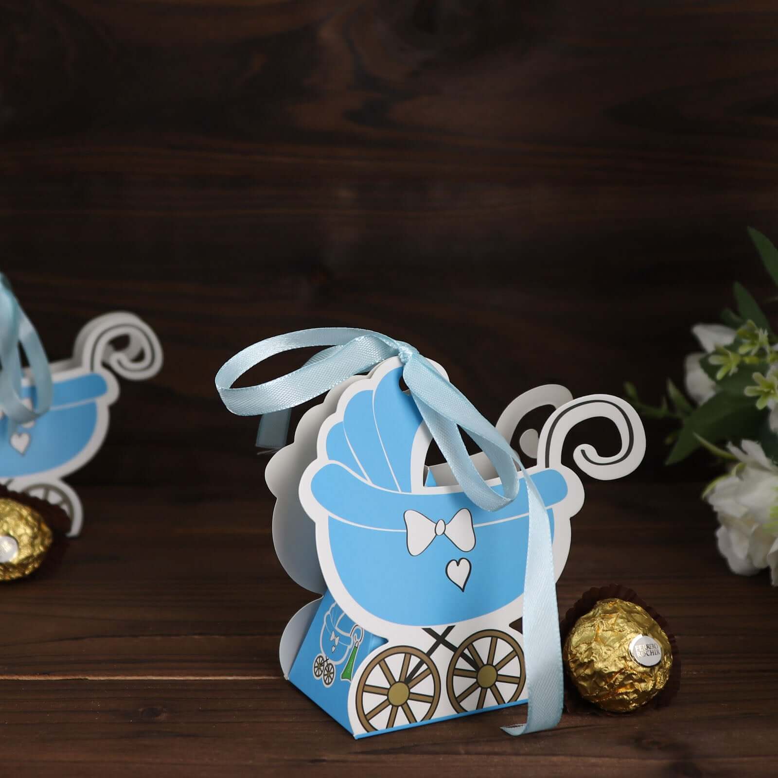 25 Pack Light Blue Baby Paper Stroller Party Favor Gift Boxes, Cardstock Carriage Candy Boxes with Ribbon Ties - 4.5x2x4