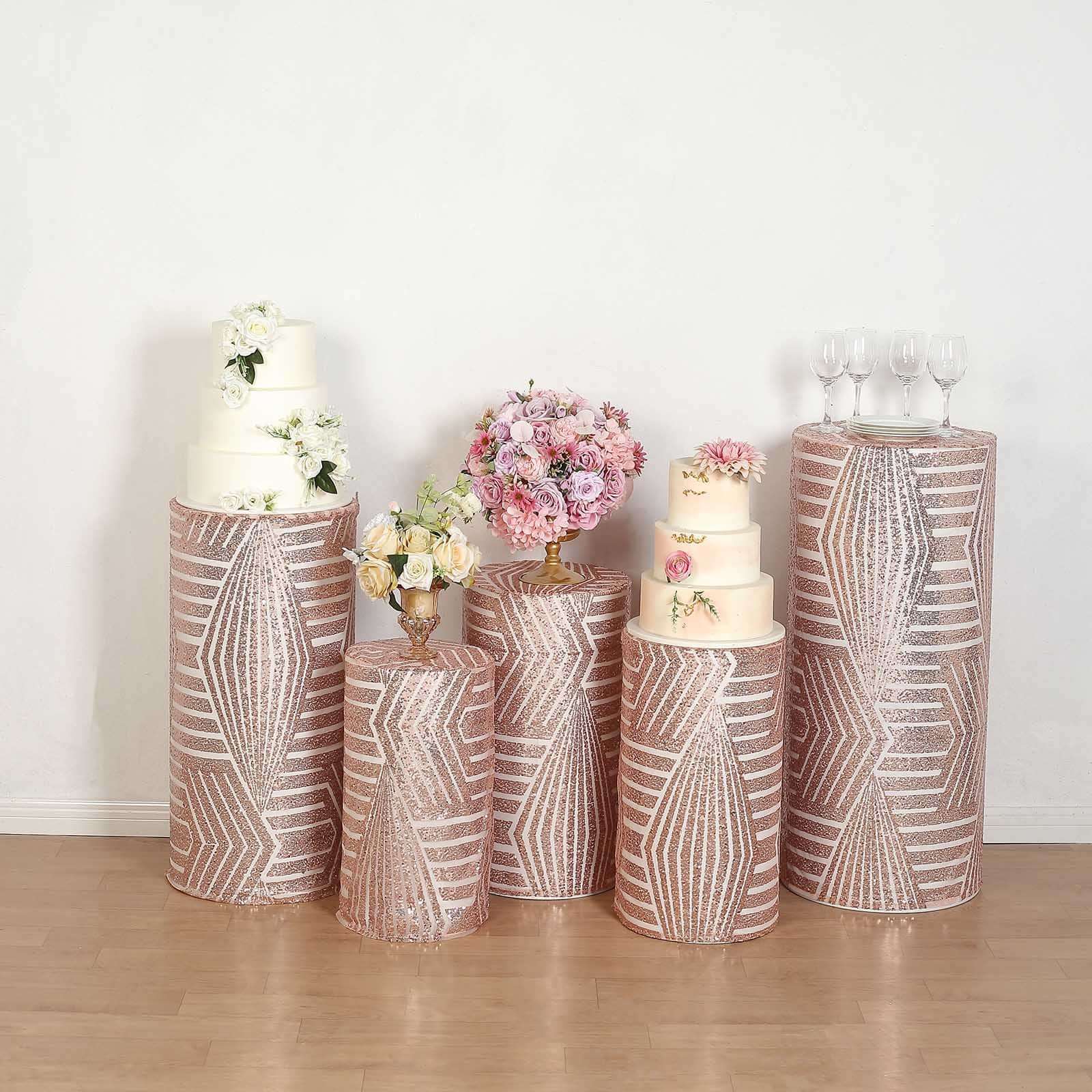 Set of 5 Rose Gold Sequin Mesh Cylinder Pedestal Stand Covers with Geometric Pattern Embroidery, Sparkly Sheer Tulle Pillar Prop Covers