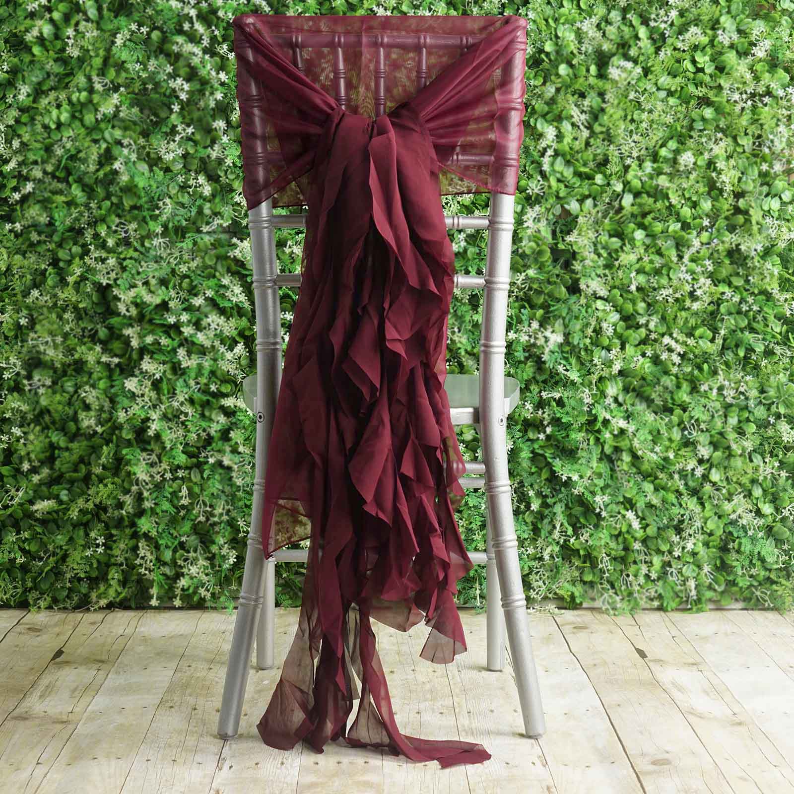 1 Set Chiffon Hoods Chair Sashes with Willow Ruffles Design Burgundy - Stylish Chair Bow Decor