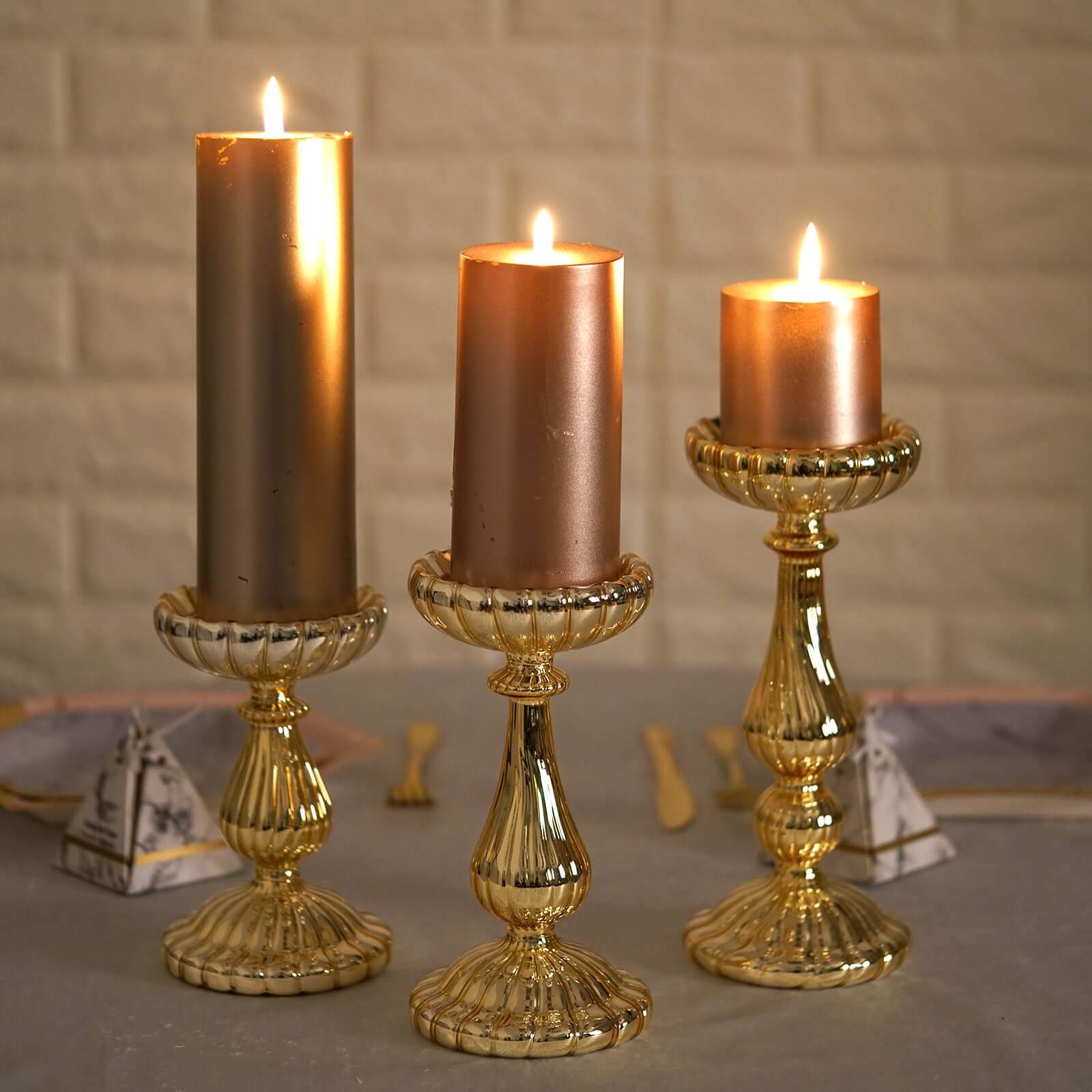 Set of 3 Candle Holder Stands Gold Mercury Glass Pillar Design - Stylish Votive Centerpieces for Tables & Decor 7, 8, 10