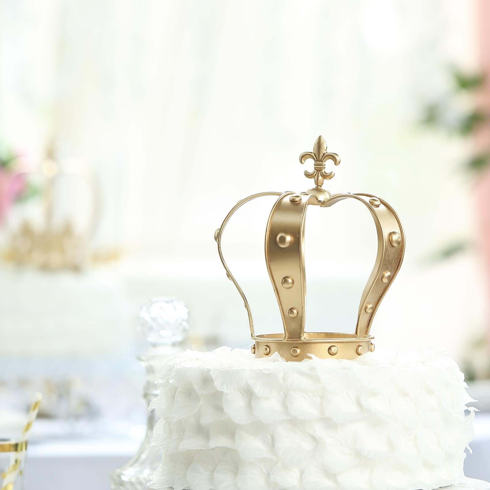 Metal Royal Crown Cake Topper 8 Gold Fleur-De-Lis Top - Refined Cake Centerpiece Decoration for Upscale & Royal-Themed Events