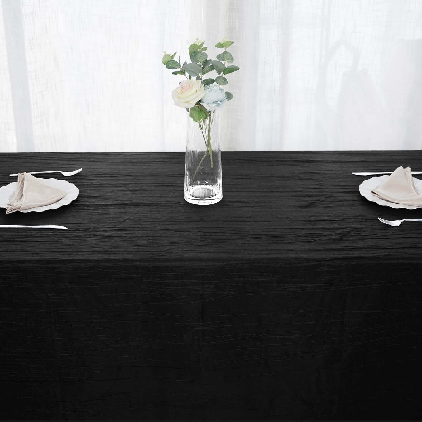 Taffeta 90x156 Rectangle Tablecloth Black - Accordion Crinkle Seamless Table Cover