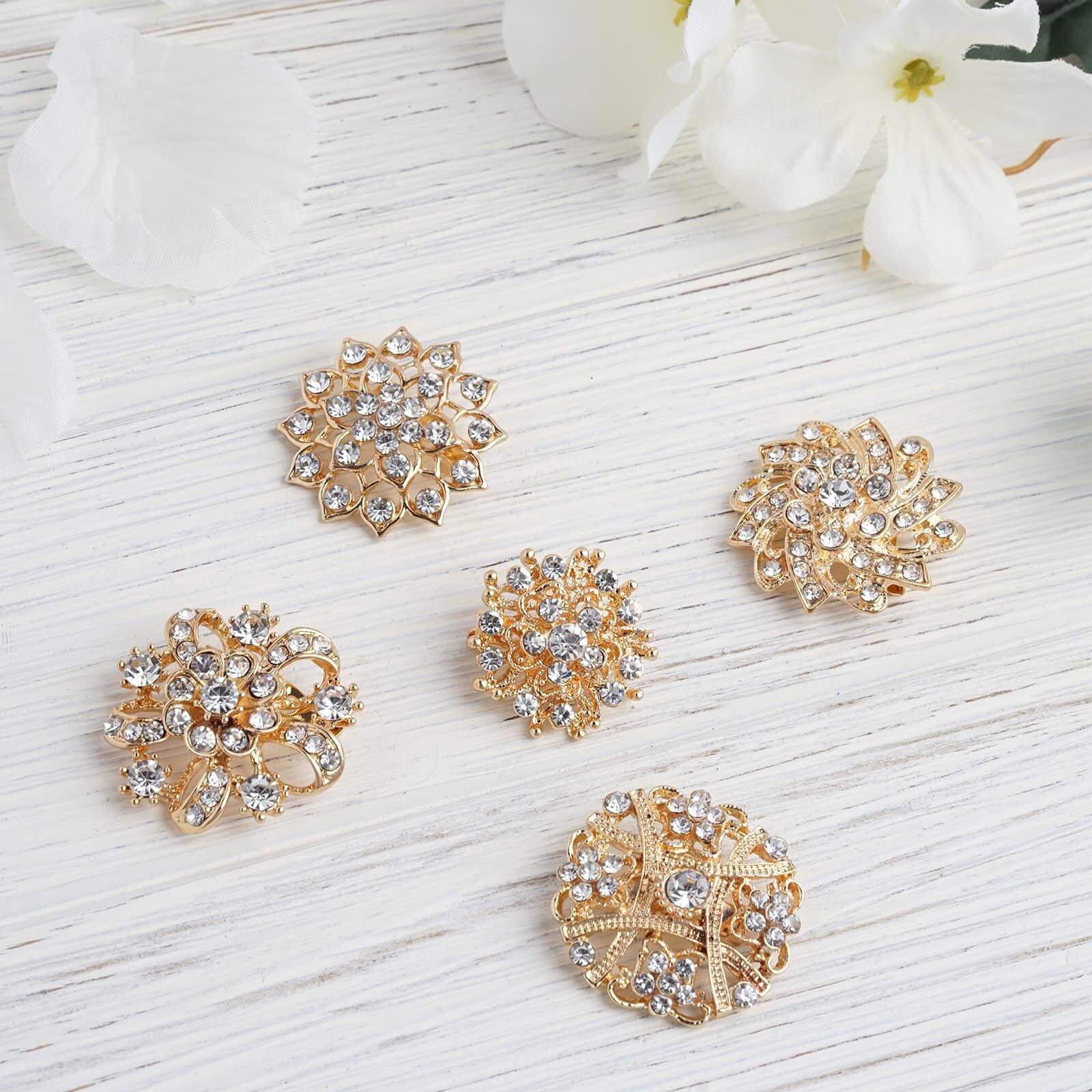 5 Pack Rhinestone Brooches Gold Plated with Mandala Crystal - Gleaming Floral Sash Pins for Wedding Bouquets & Events