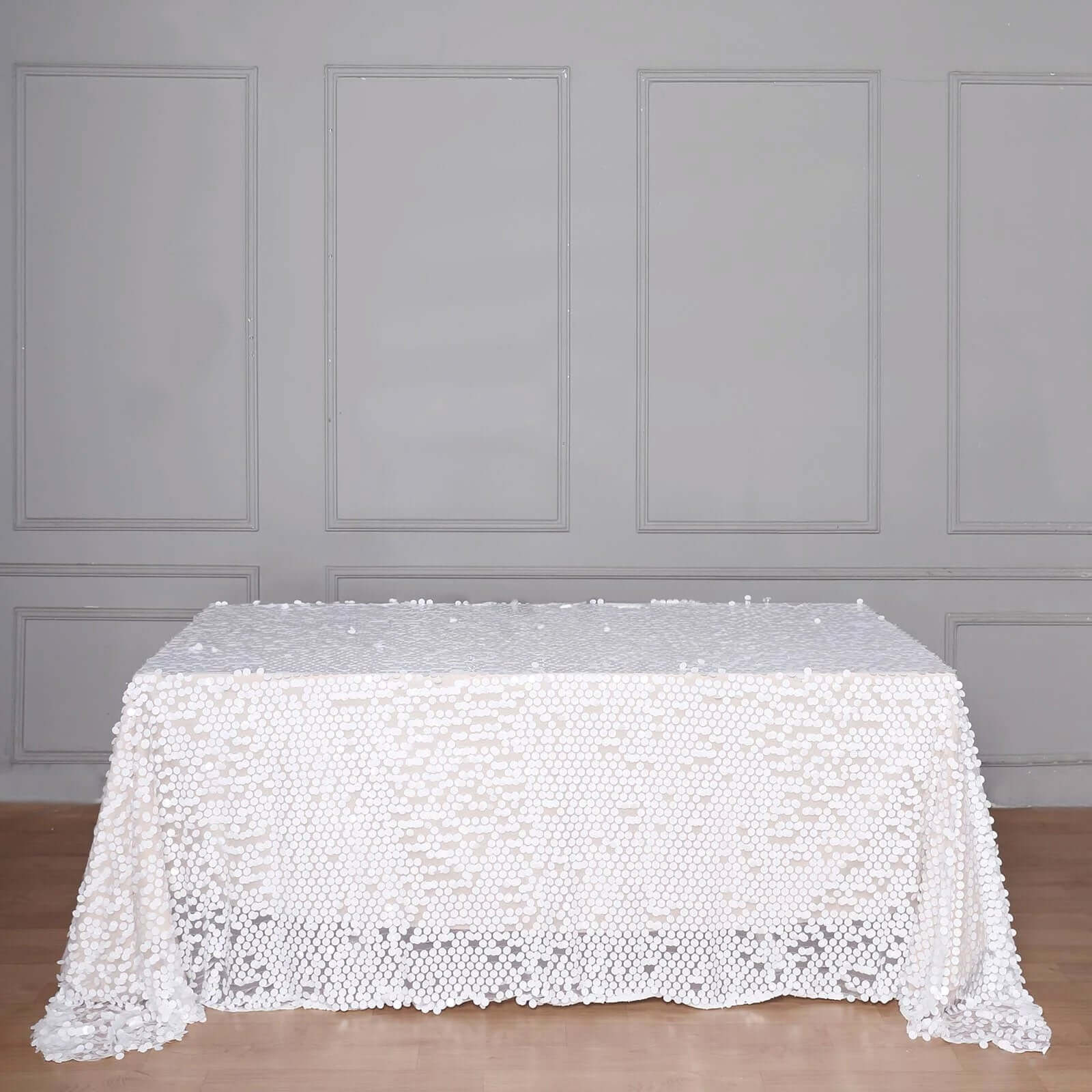 Sequin 90x132 Rectangle Tablecloth White - Seamless Big Payette Design for Sophisticated Occasions