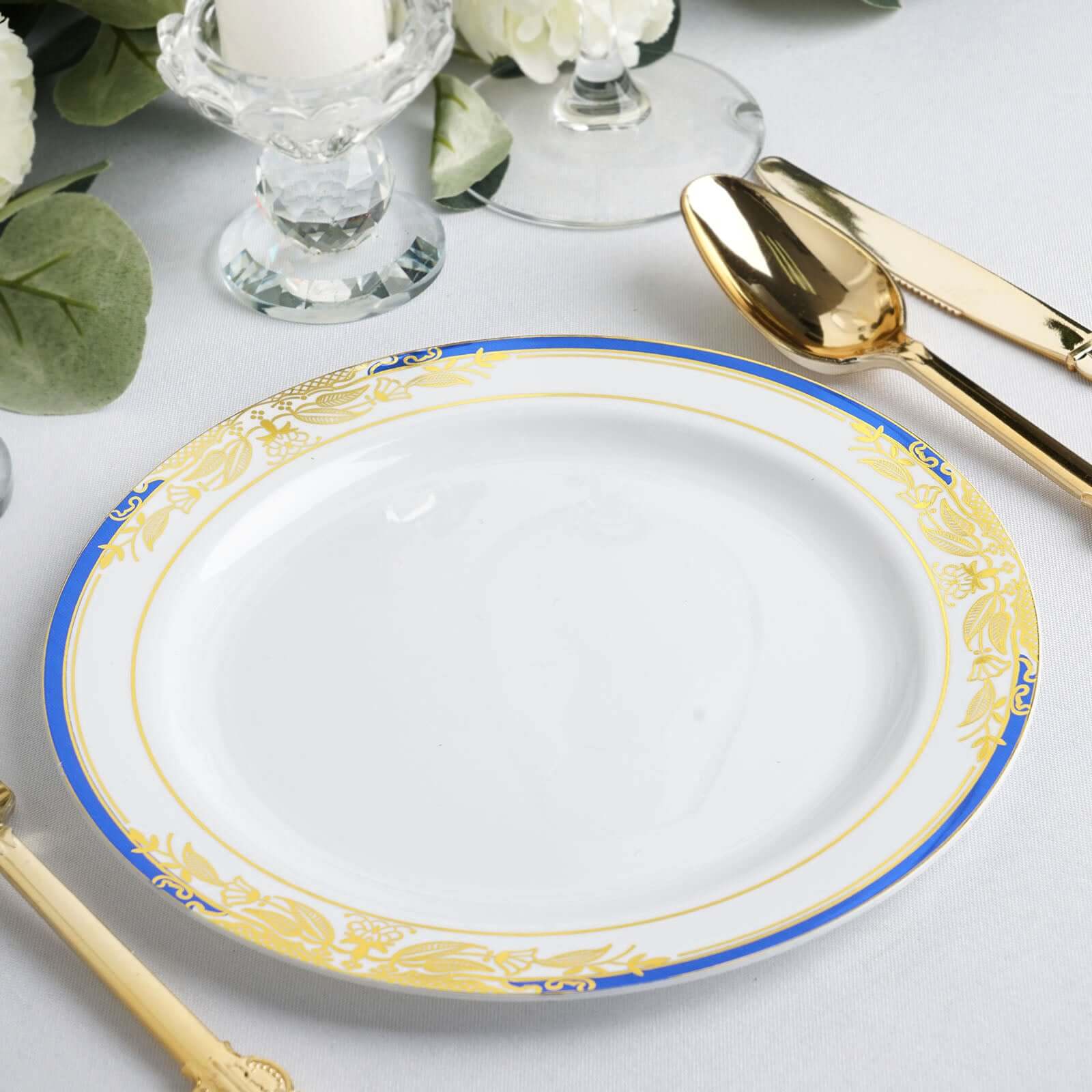 10-Pack Plastic 8 Round Dessert Plates in White with Royal Blue Rim - Stylish Gold Vine Design Disposable Salad/Appetizer Plates for Special Occasions & Celebrations