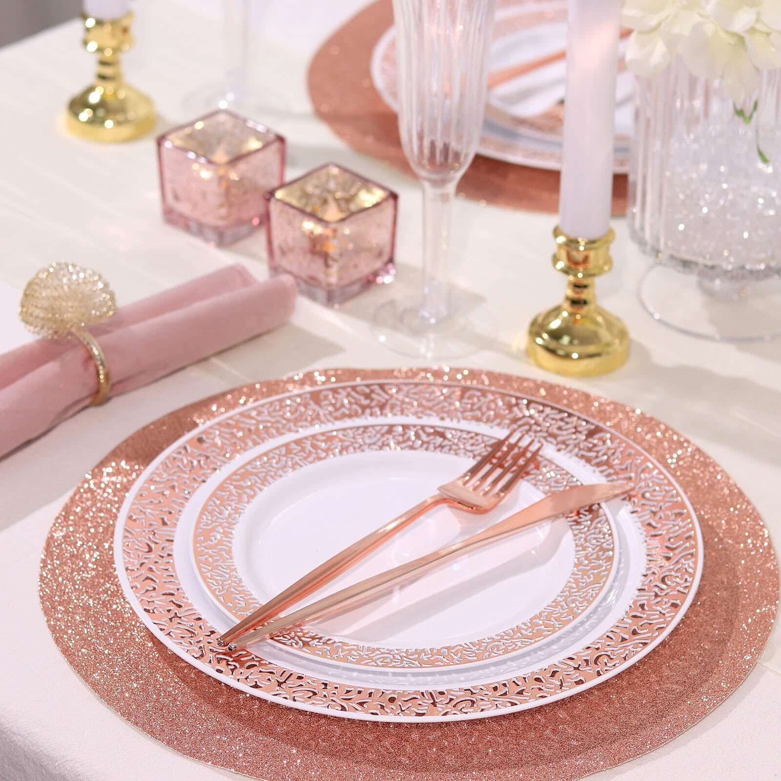 6-Pack Placemats Glitter Design Rose Gold Sparkle Round - Non-Slip Decorative Dining Table Mats 13