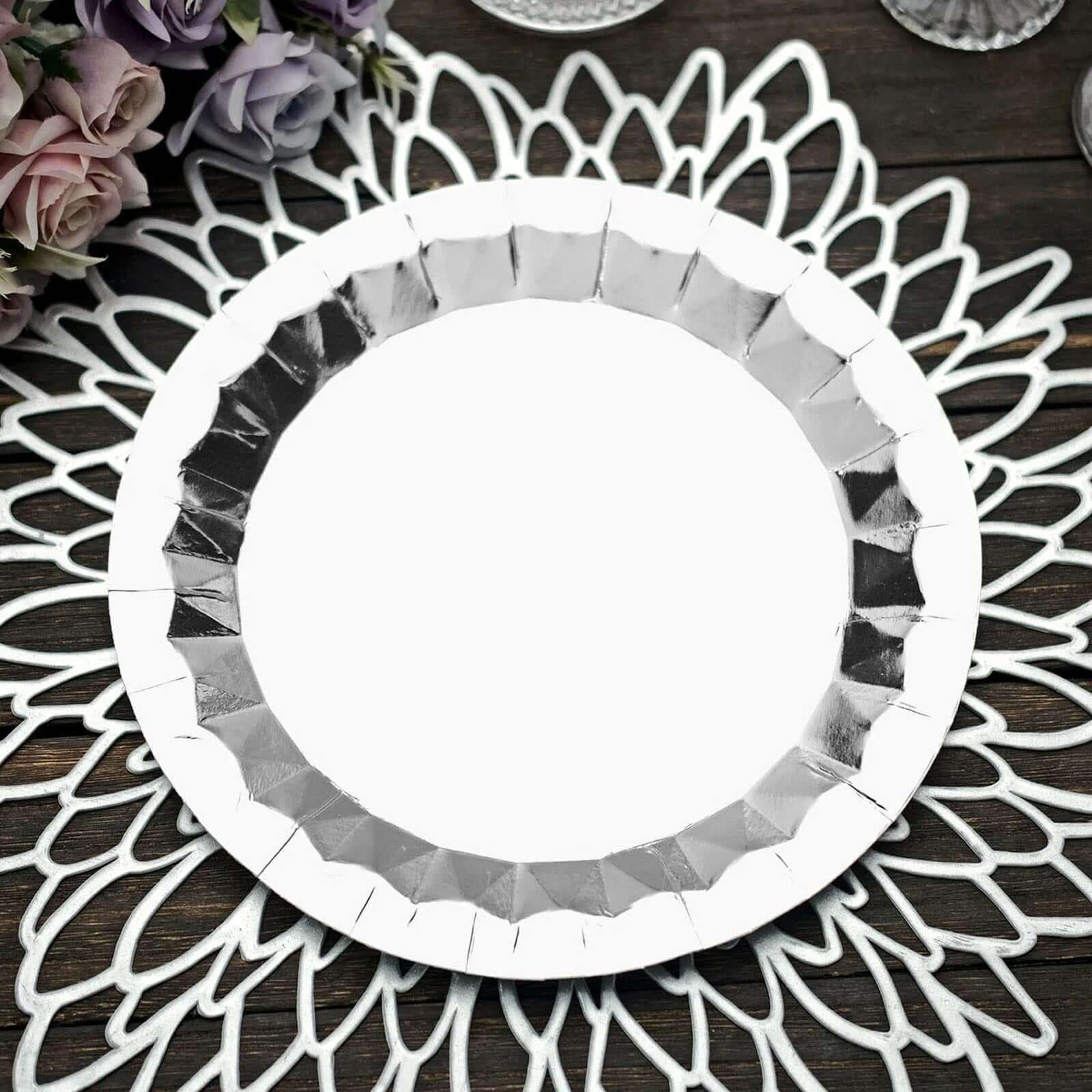 25-Pack Paper 9 Round Dinner Plates in Metallic Silver with Geometric Prism Rim - Disposable 400GSM Party Plates