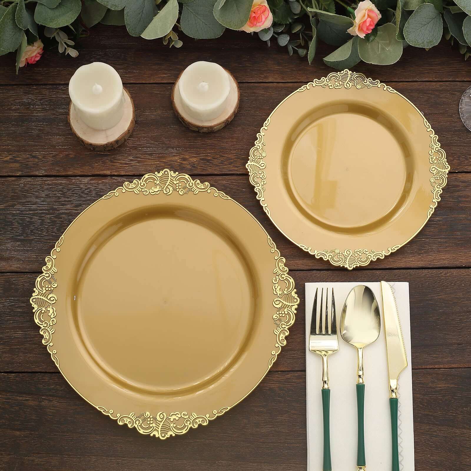 10-Pack Plastic 10 Round Dinner Plates in Gold with Leaf Embossed Rim - Disposable Vintage Baroque Style Plates for Luxurious Gatherings & Events