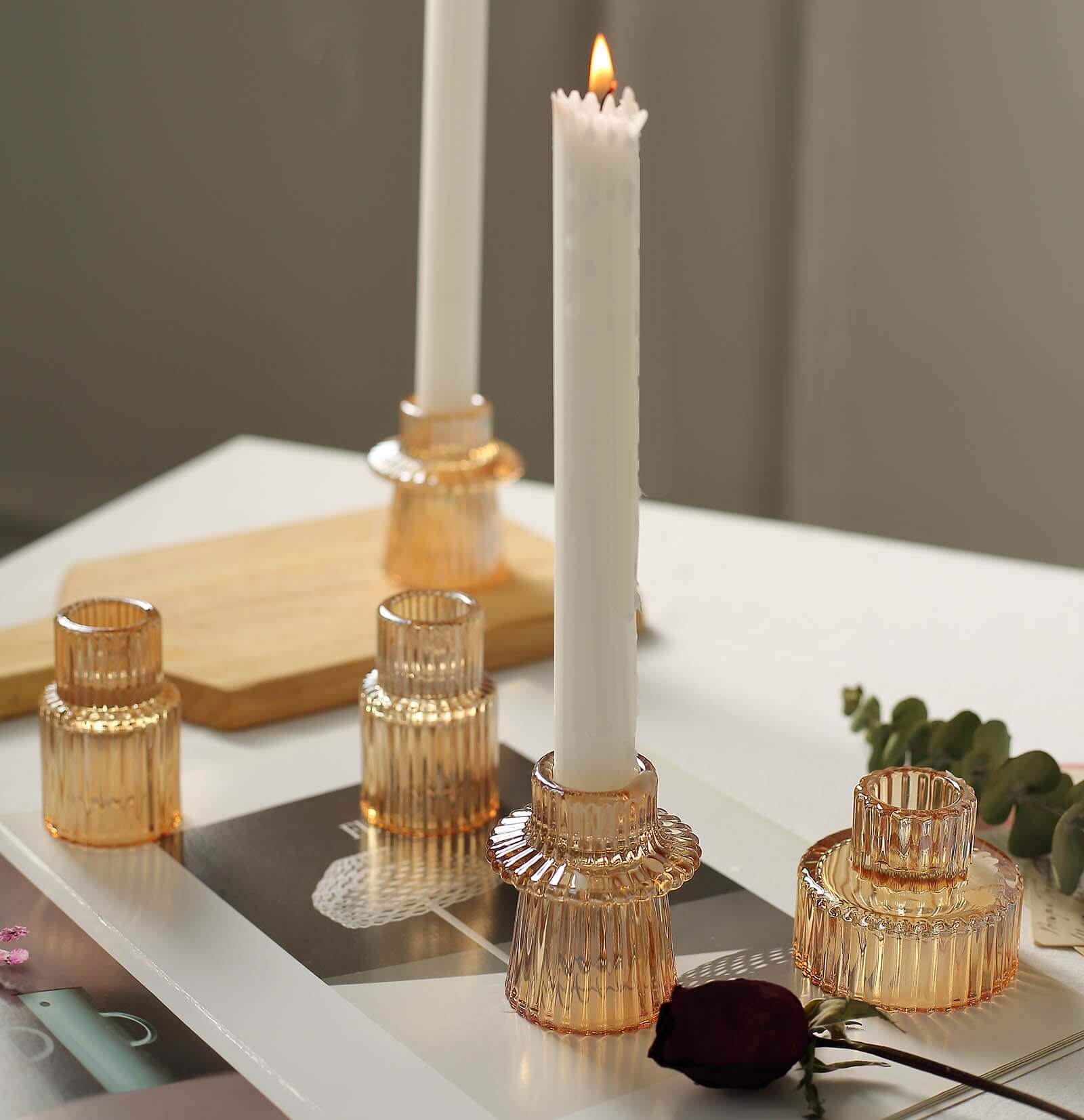 Set of 6 Glass Taper Candle Holders Ribbed Crystal Design Amber Gold - Reversible Mini Votive Tealight Stands 3