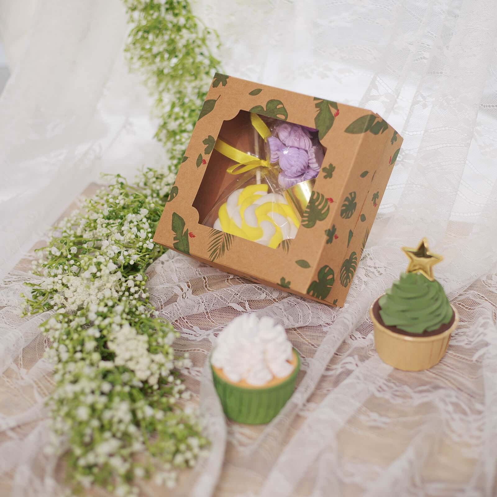 12-Pack Cardstock Cookie Boxes with Display Window - Tropical Leaf Design Disposable Treat Bakery Boxes for Donuts Cupcakes Strawberries & Pastries 6x6x3