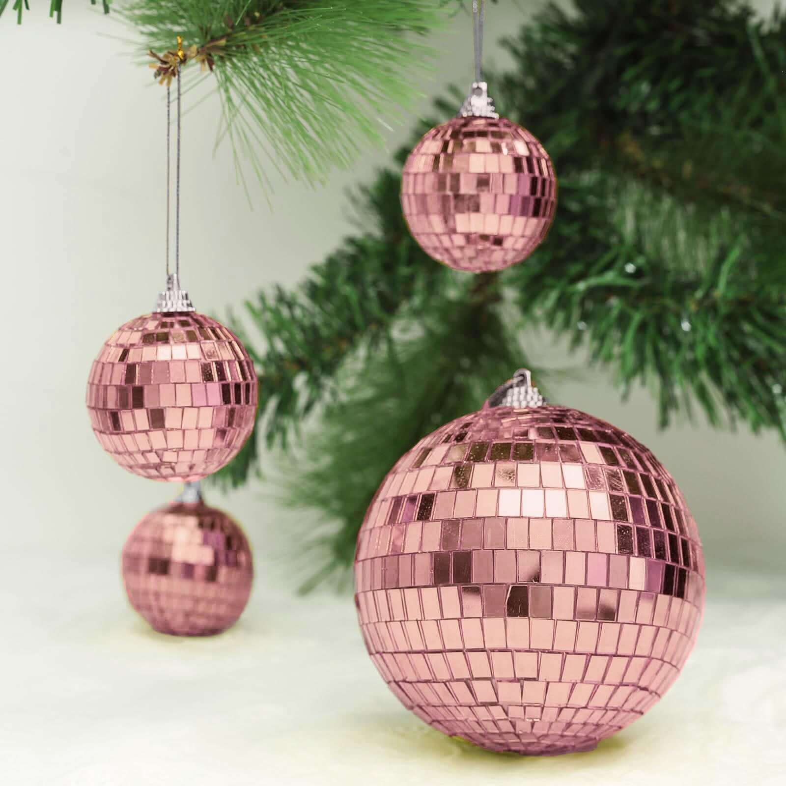 4 Pack 4 Rose Gold Foam Disco Mirror Ball With Hanging Strings, Holiday Christmas Ornaments