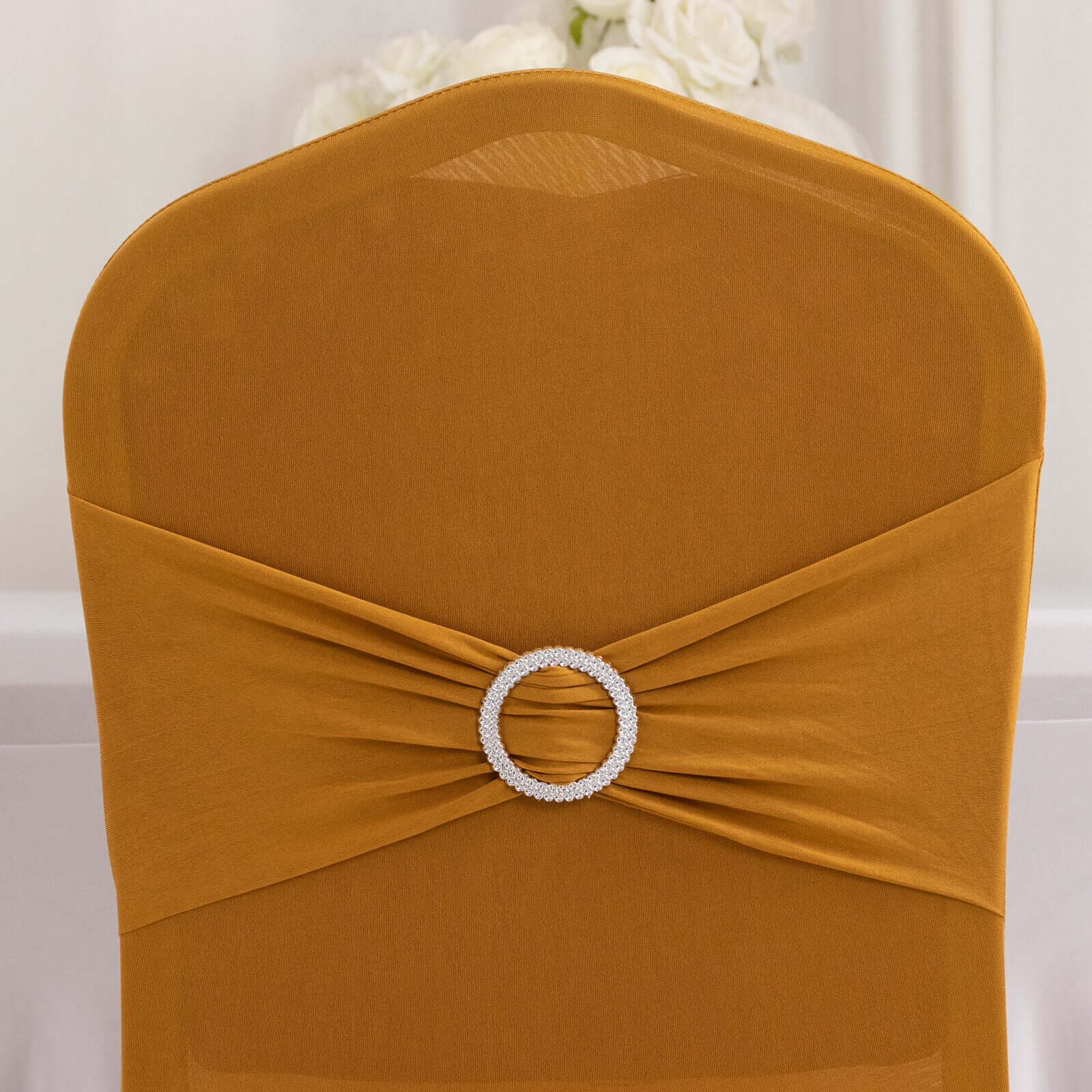 Spandex Chair Cover with Gold Rhinestone Buckled Sash Band Blush - Stylish Stretch Fitted Slipcover for Banquets & Events