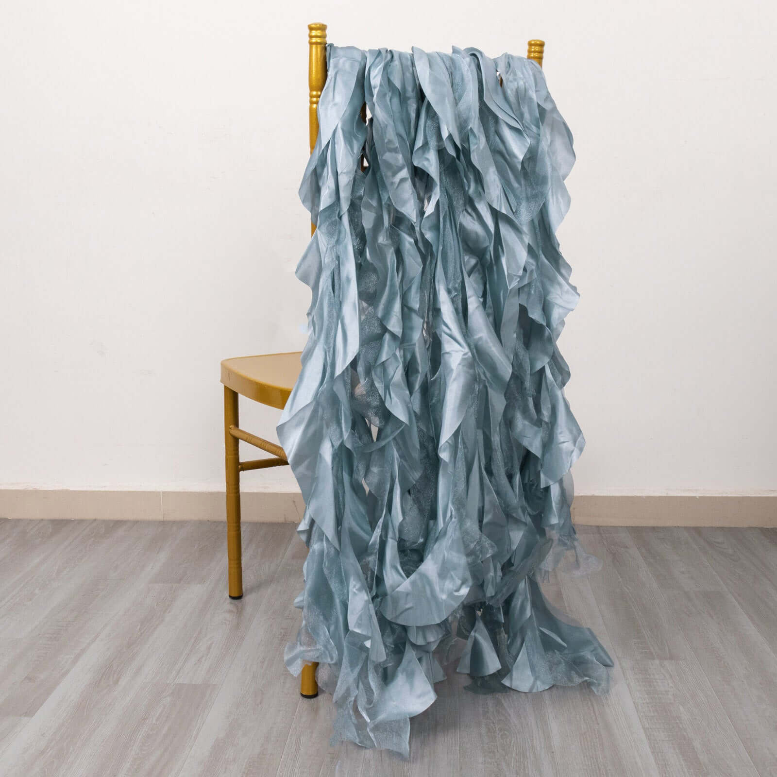 5 Pack Chiffon Satin Chair Sashes Dusty Blue - Easy to Install Ruffled Curly Willow