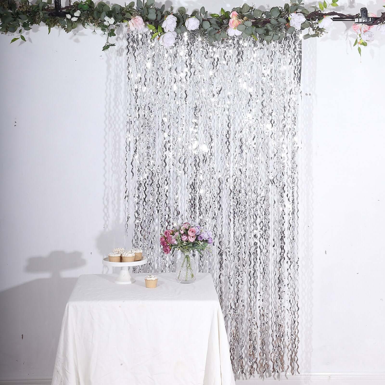 Metallic Silver Wavy Foil Fringe Party Backdrop, Curly Tinsel Streamer Photo Booth Curtain - 3ftx6ft