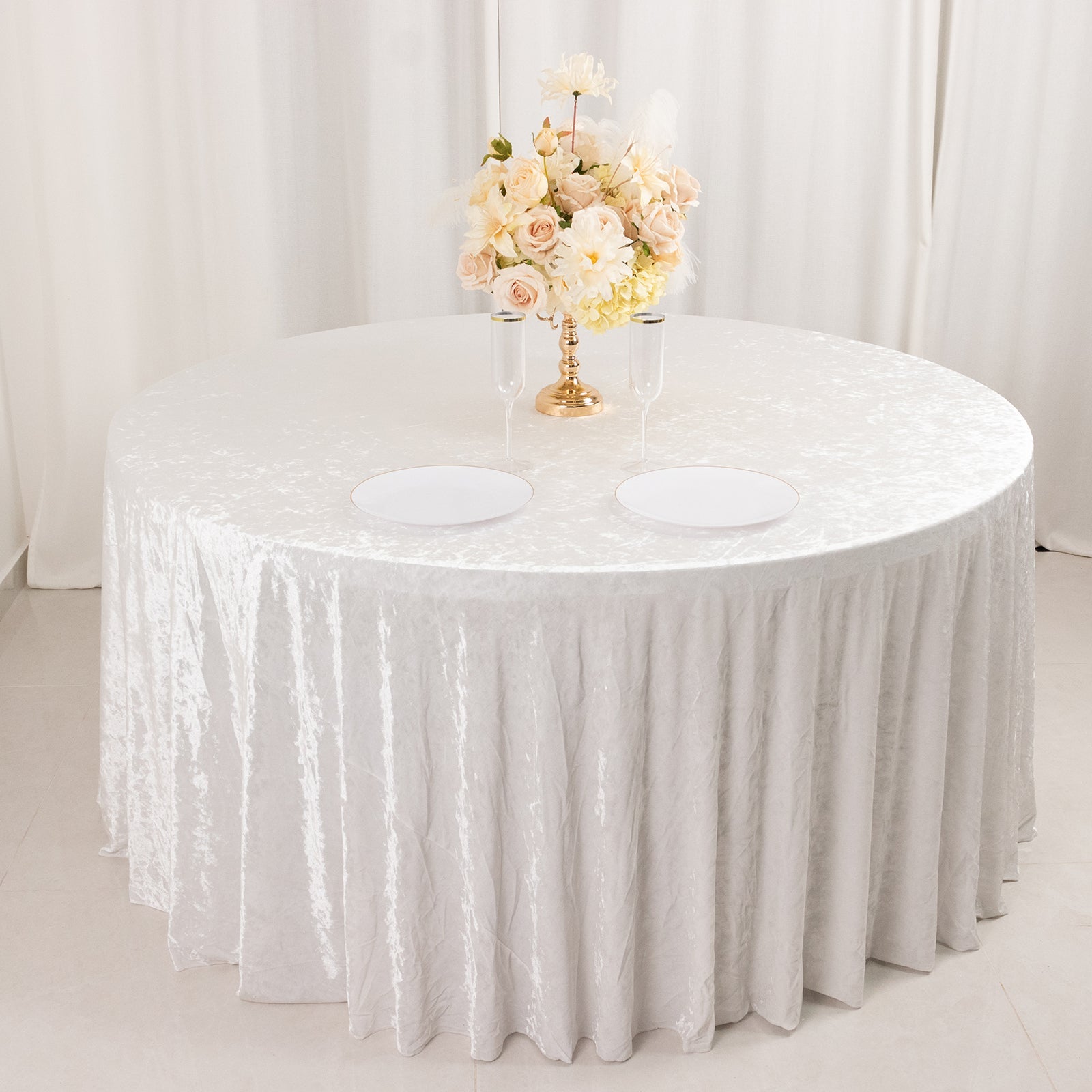 Premium Crushed Velvet 120 Round Tablecloth White - Reusable Soft & Stylish Seamless Table Cover