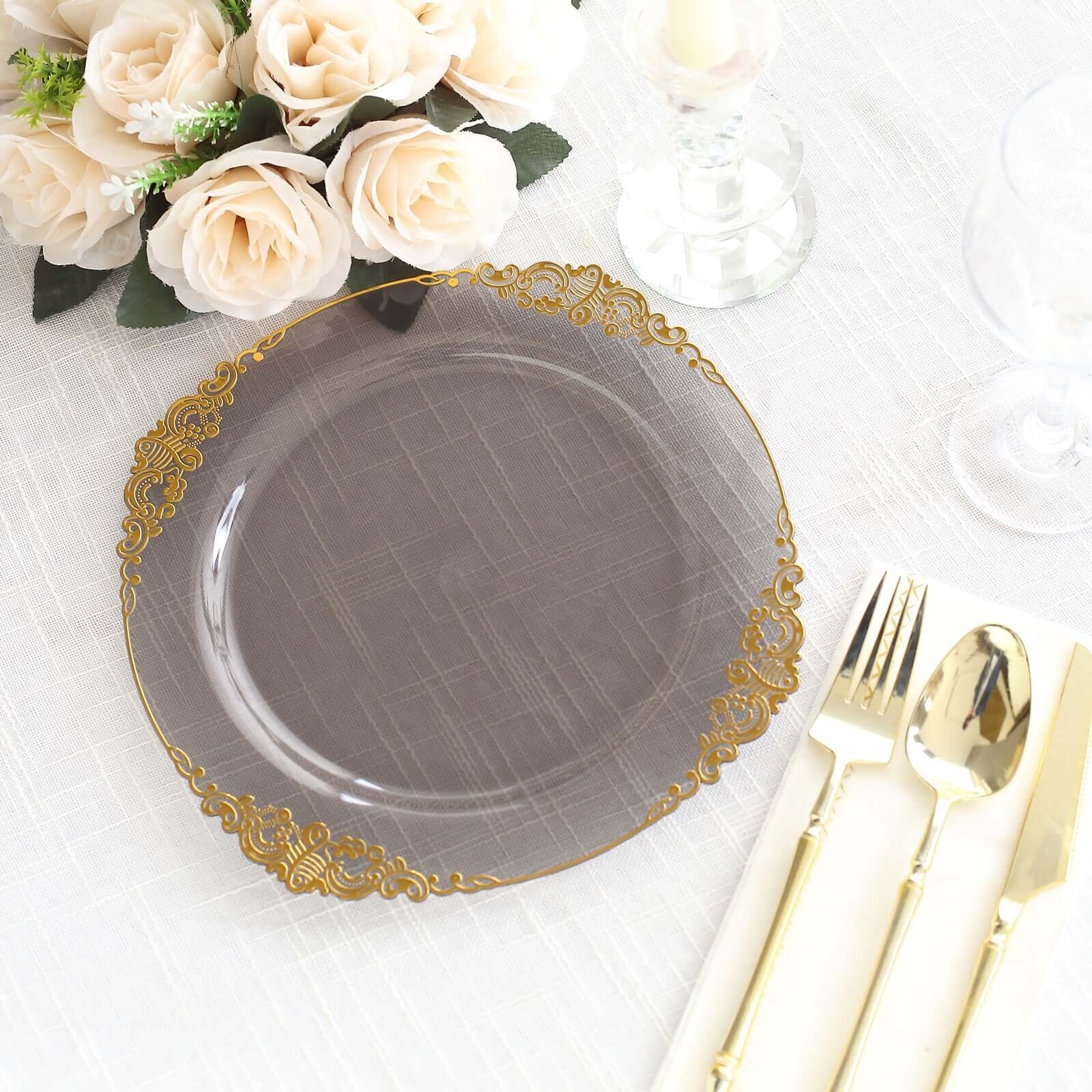 10-Pack Plastic 10 Round Dinner Plates in Transparent Black with Gold Leaf Embossed Rim - Disposable Vintage Baroque Style Plates