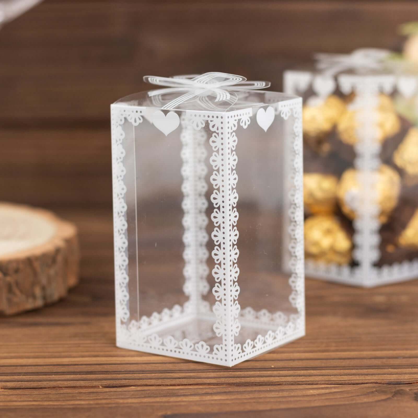 25 Pack Clear Rectangle Candy Gift Boxes With Bowknot and White Lace Pattern, 4 Transparent Plastic Party Favor Boxes - 2x2x4