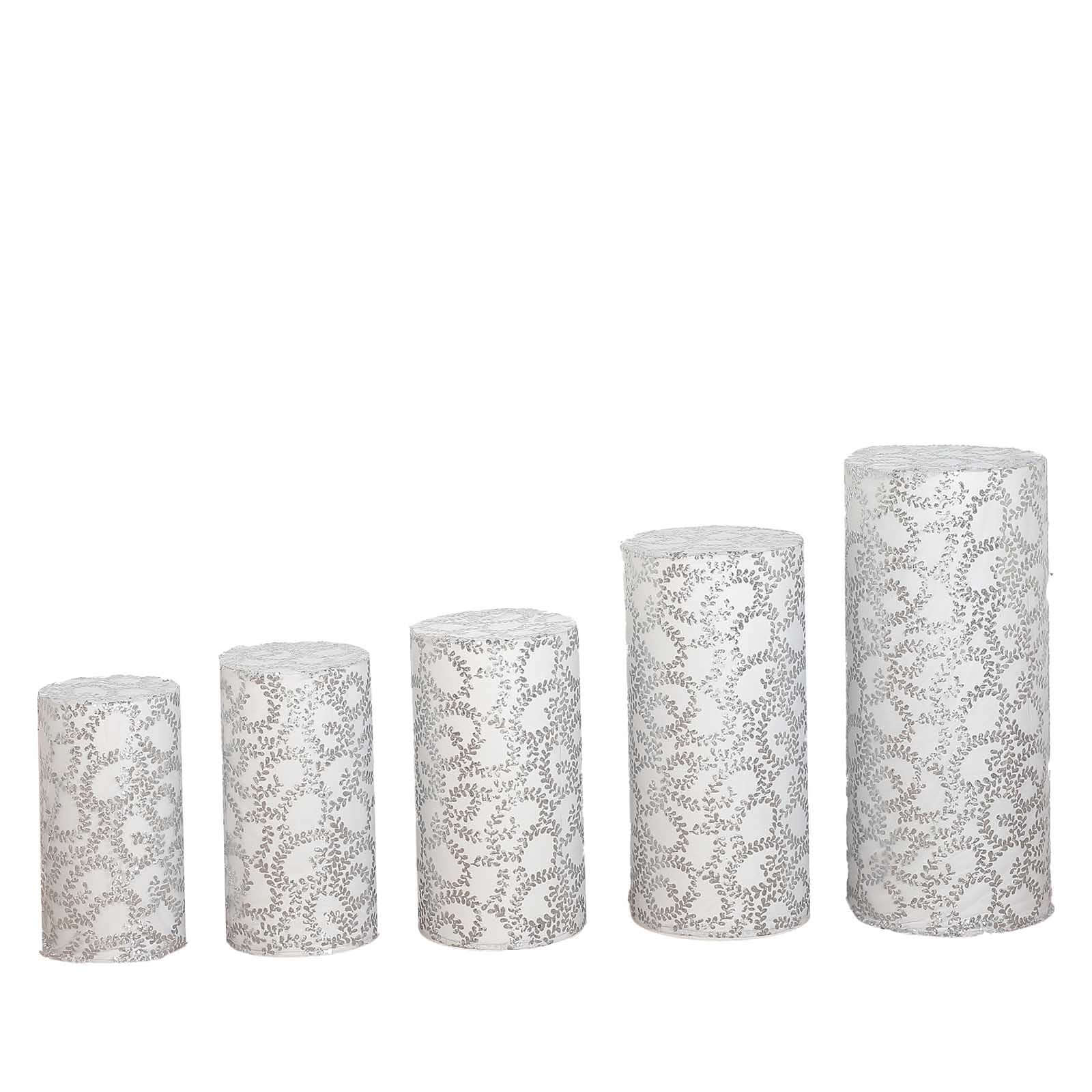 Set of 5 Silver Sequin Mesh Cylinder Pedestal Stand Covers with Leaf Vine Embroidery, Sparkly Sheer Tulle Pillar Prop Covers