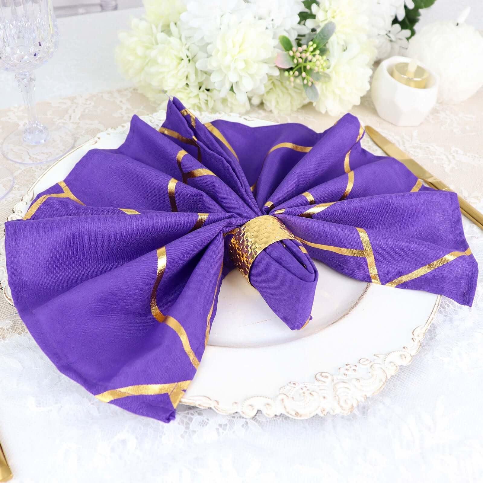 5 Pack Polyester 20x20 Napkins Purple with Gold Geometric Foil Pattern - Modern Reusable Dinner Napkins