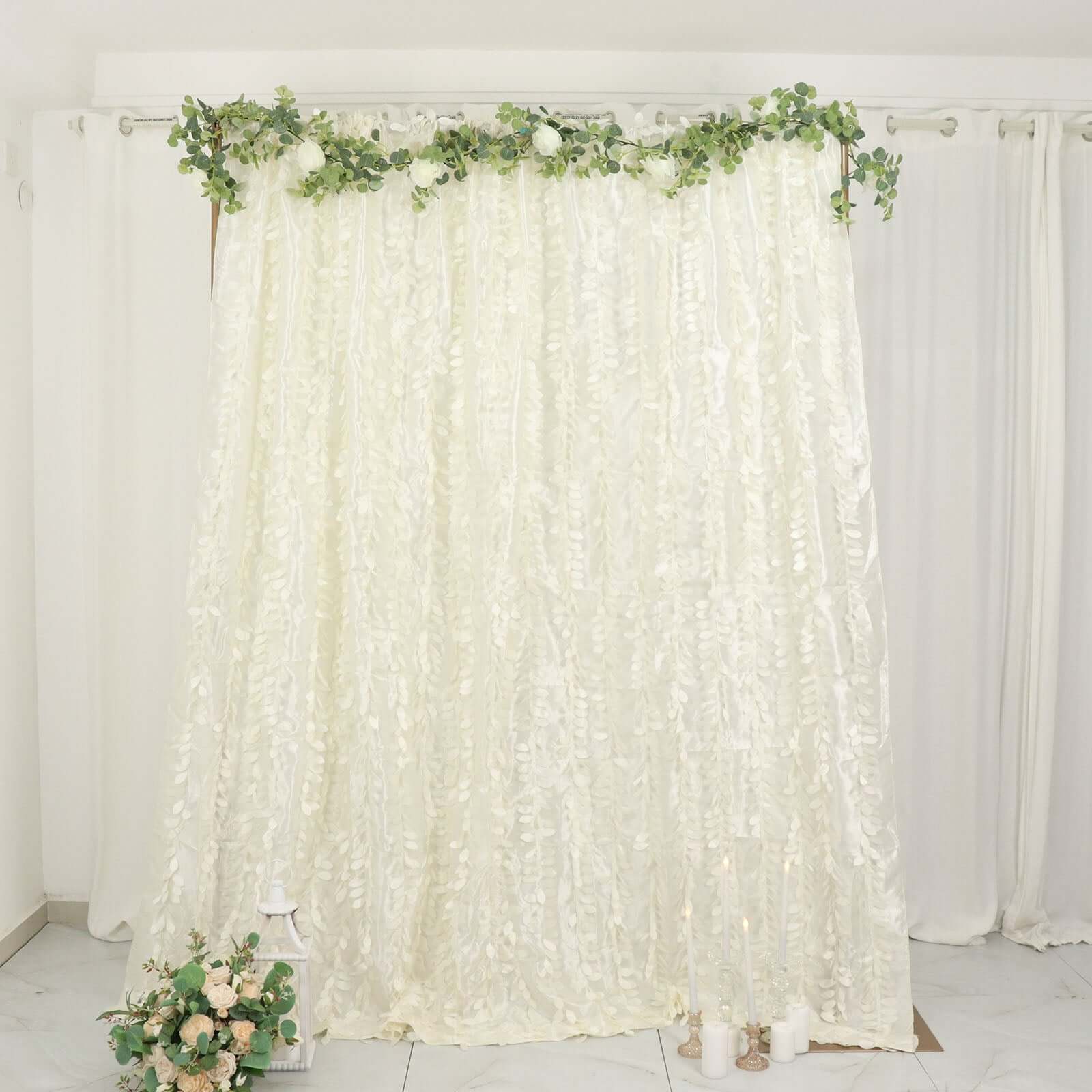 8ftx8ft Ivory 3D Leaf Petal Taffeta Event Curtain Drapes, Backdrop Event Panel With Rod Pocket