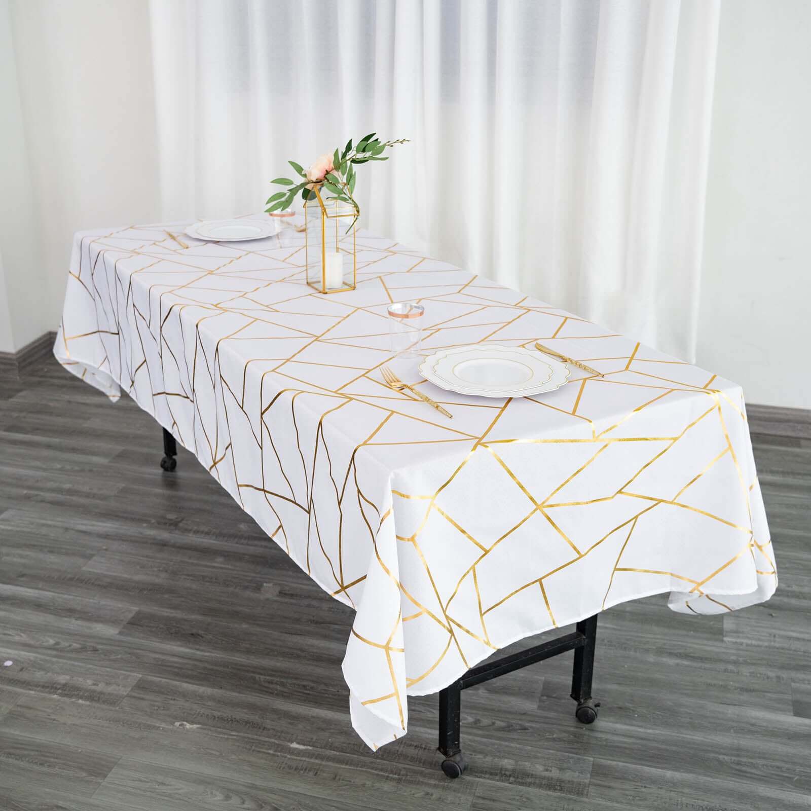 Polyester 60x102 Rectangle Tablecloth White with Gold Foil Geometric Pattern - Wrinkle-Resistant and Durable Table Cover for Weddings & Events