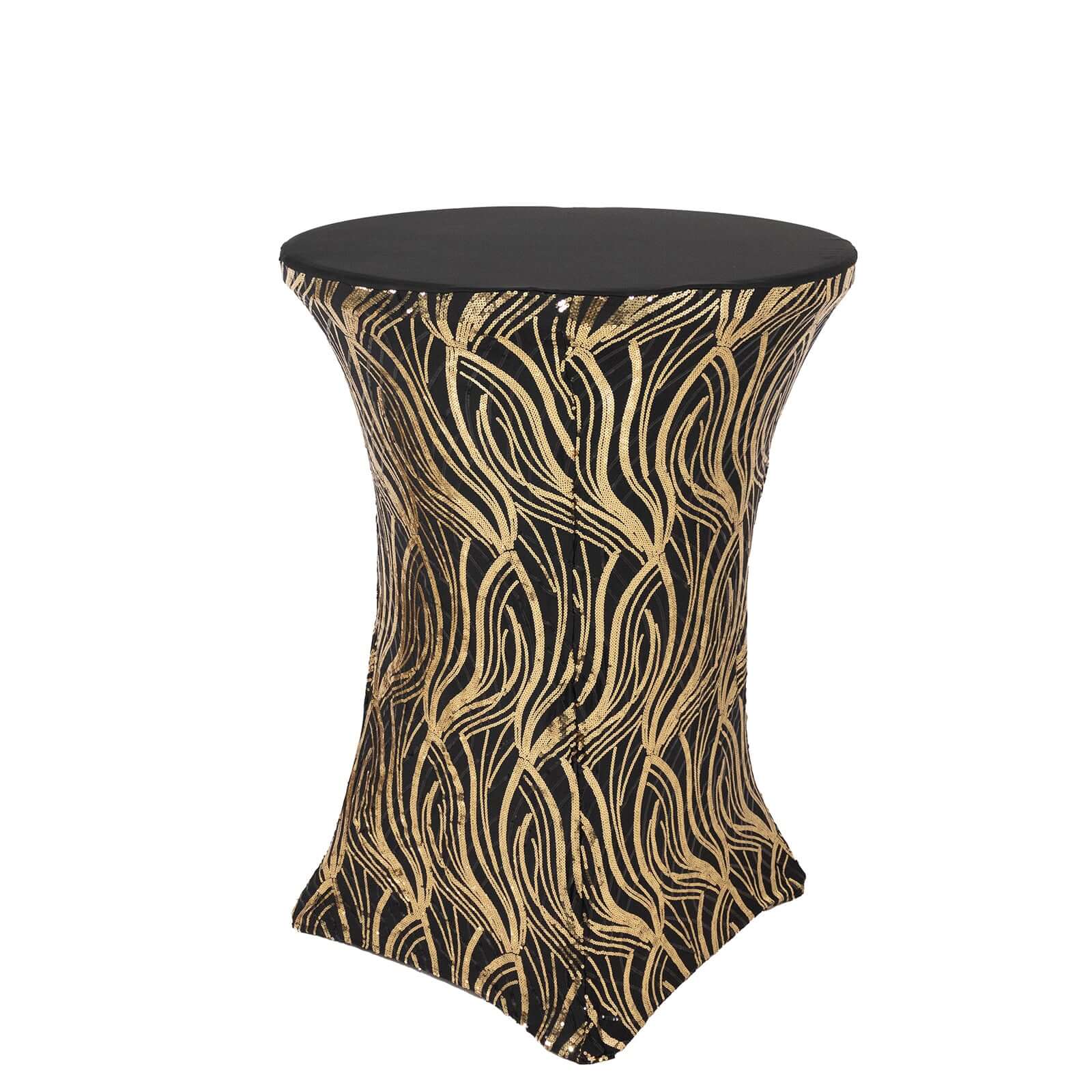 Spandex 32 Round Cocktail Table Cover Black/Gold with Wave Embroidered Sequins - Glamorous Design for Upscale Events