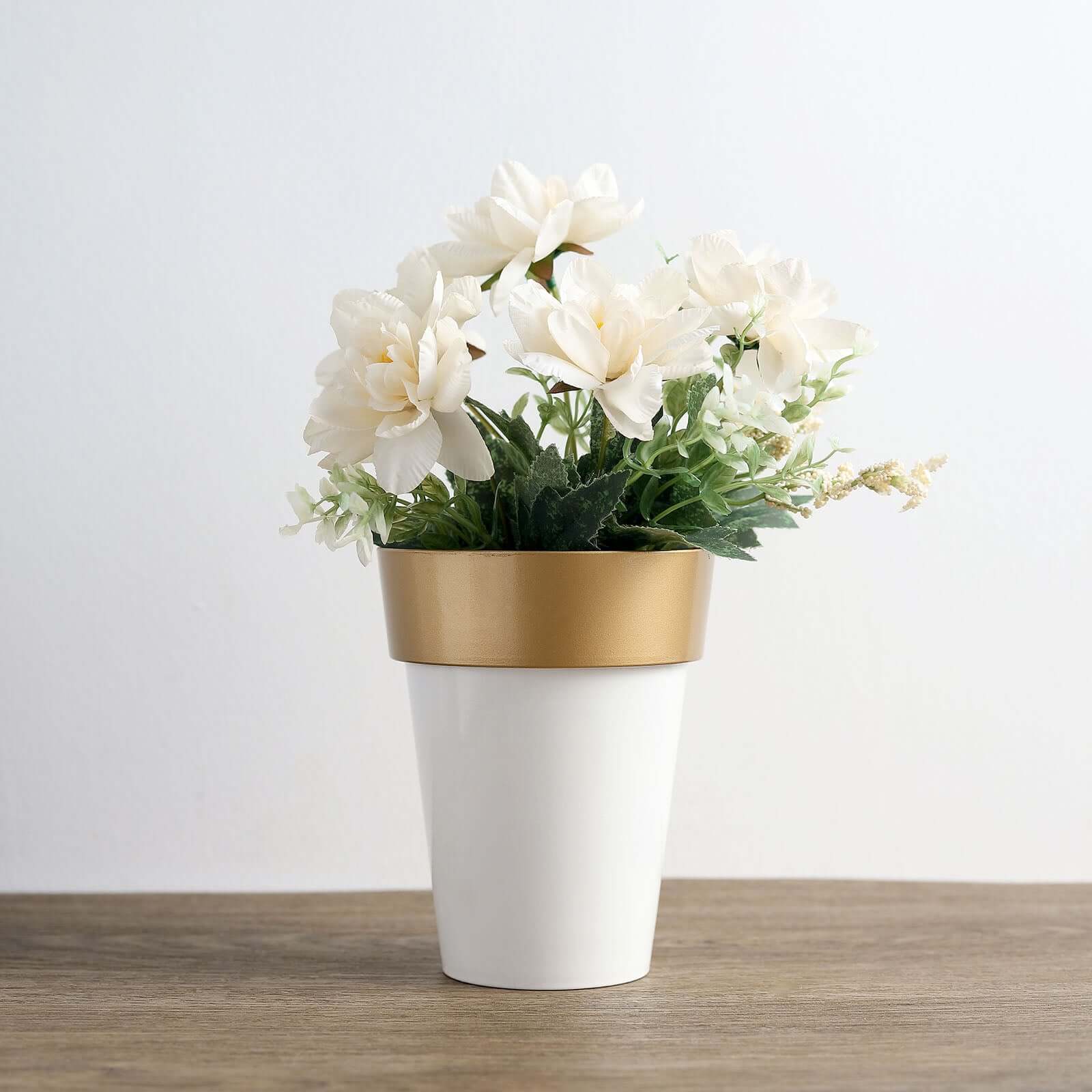 2-Pack Flower Plant Pots Medium Design White with Gold Rim - Plastic Indoor Decorative Planters 6